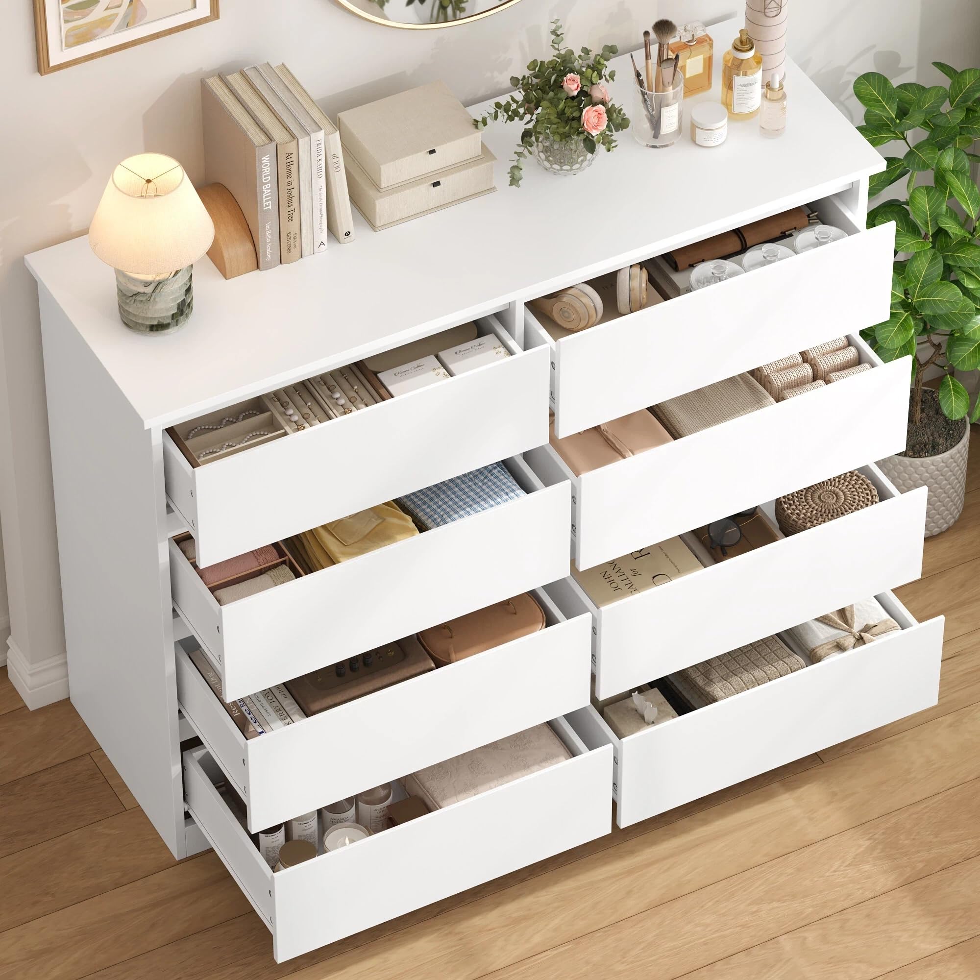FOREHILL Comoda Dormitorio 8 Cajones 120 cm Cajonera Armario Interior Sinfonier Cómodas y Cajoneras Dormitorio Armario de Almacenamiento para el Salón Cómoda Moderna Blanco 120x39,5x96 cm