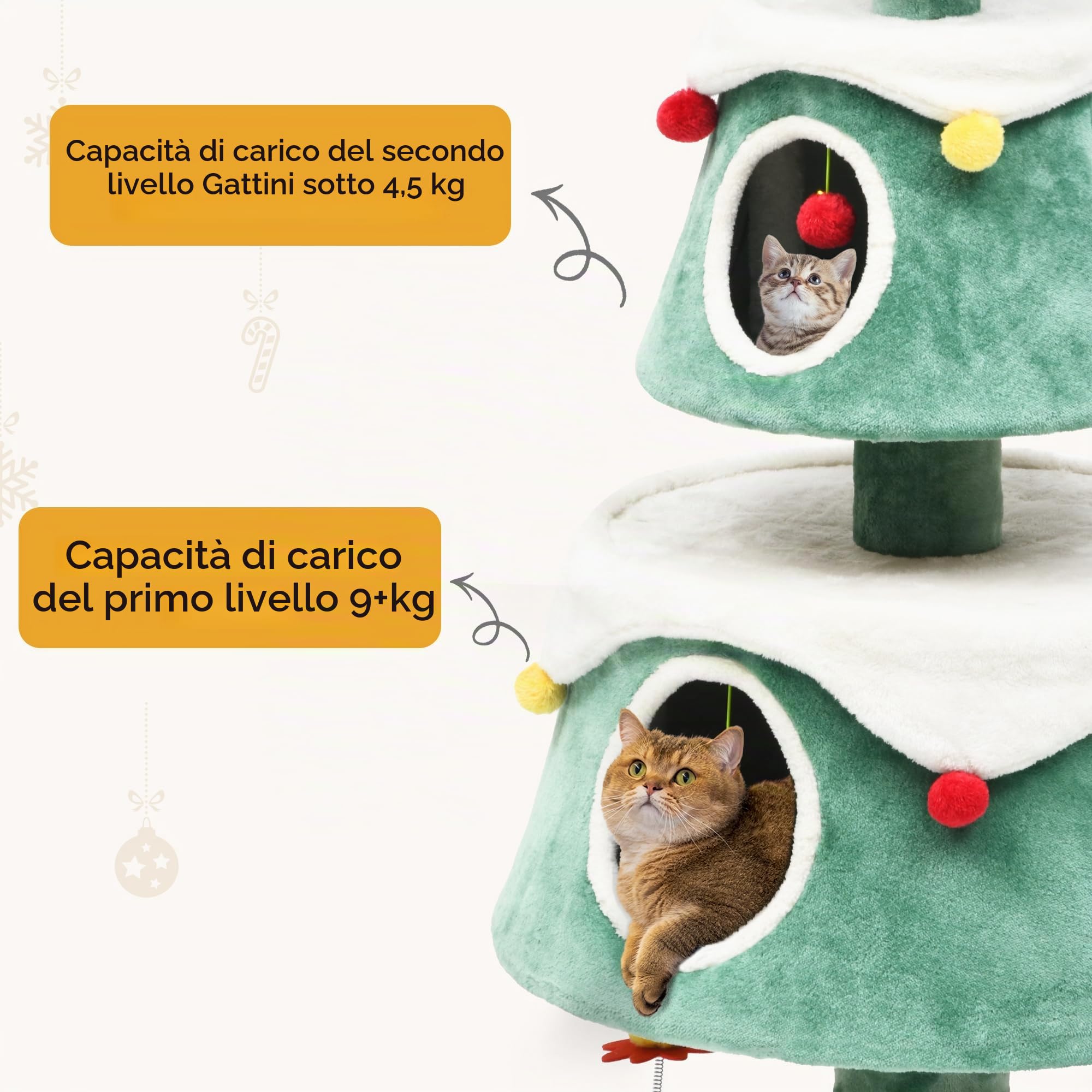 YITAHOME 160,5 cm Grande Albero di Natale per Gatti con Doppio Riparo, Torre per Gatti, con Giocattolo per Gatti, Mobili per Gatti, Decorazione Natalizia, Verde