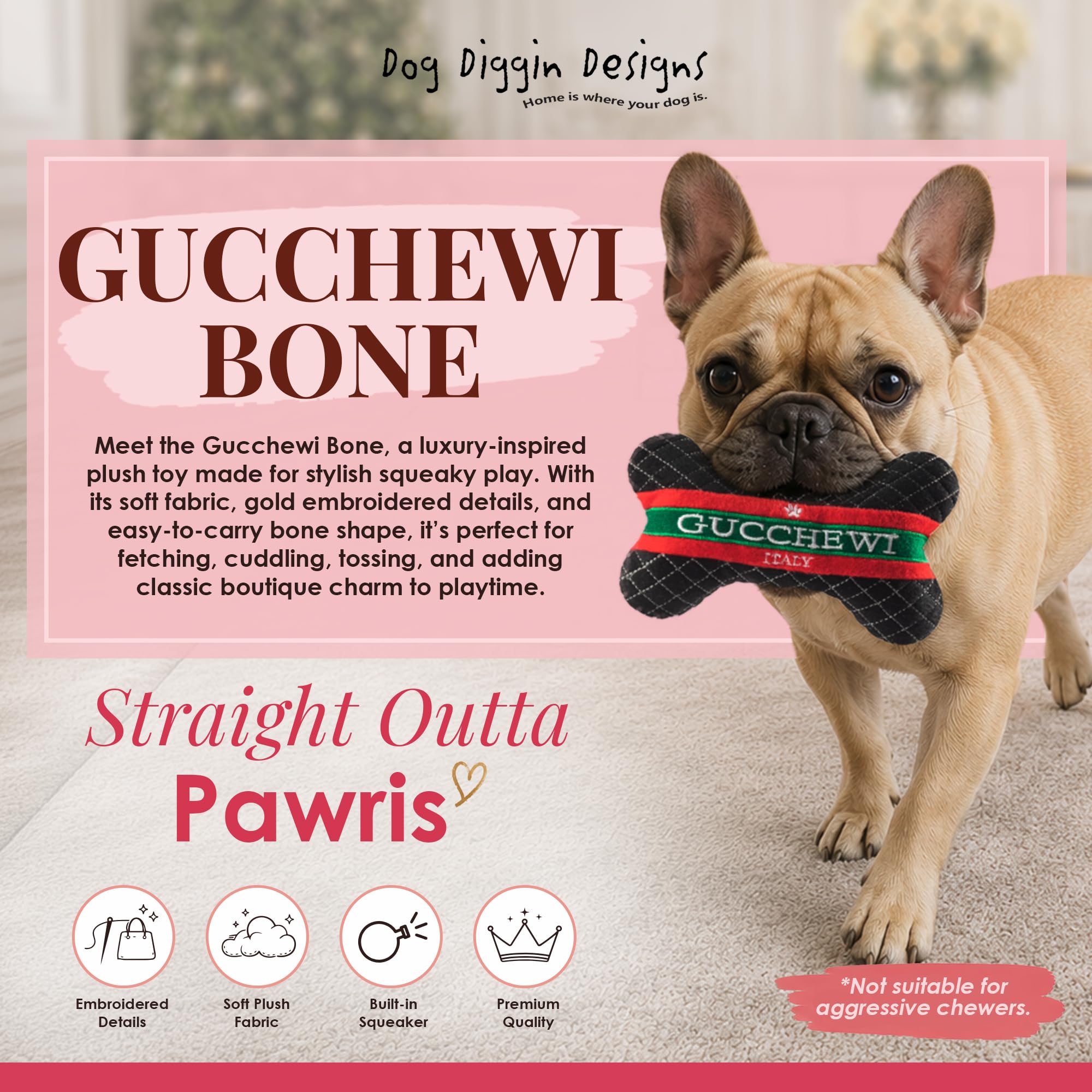 Dog Diggin Designs Colección Runway Pup | Juguetes únicos de peluche para perros de parodia chirriante - Huesos, bolas y más para perros Prêt-à-Porter