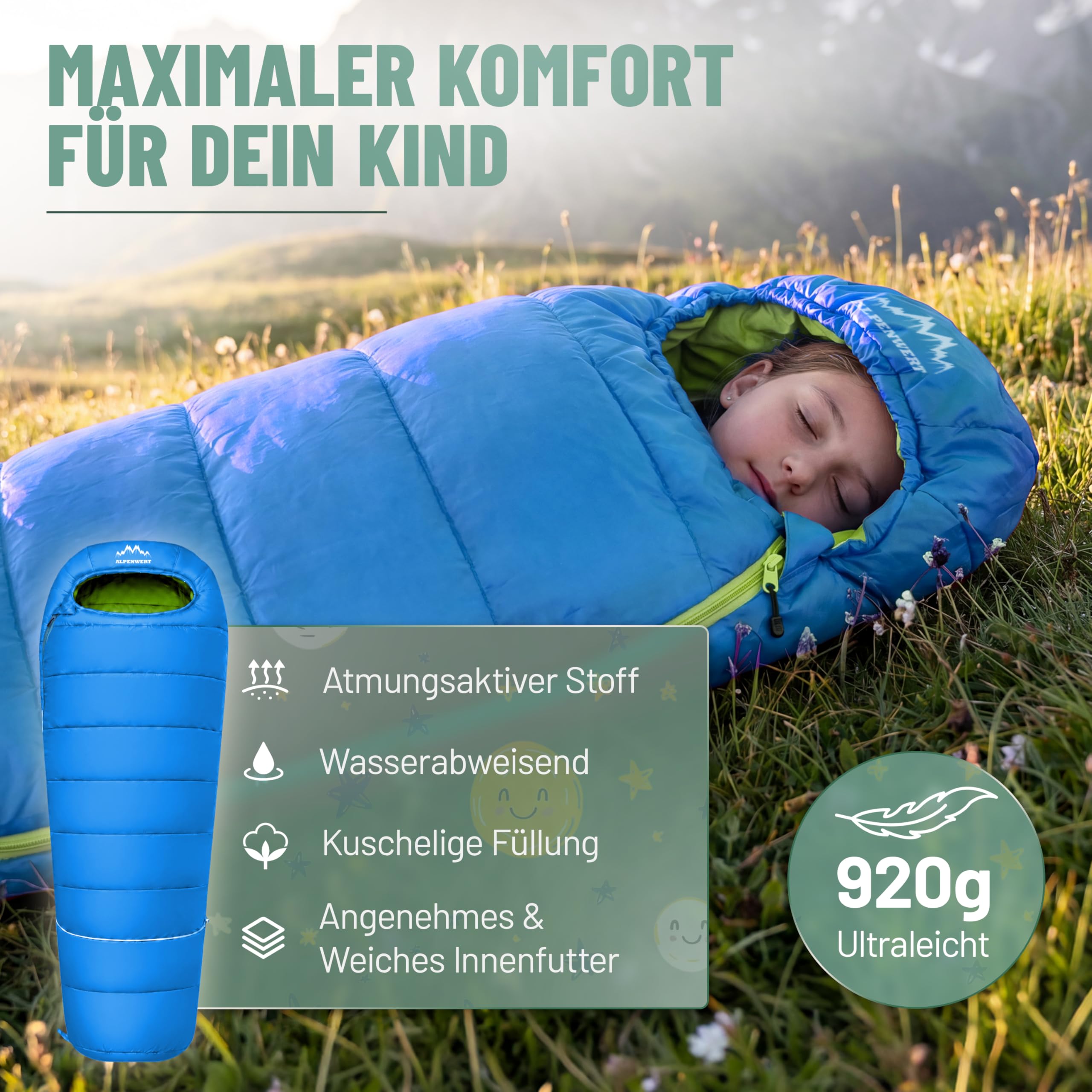 ALPENWERT® Kinderschlafsack Sommer – wächst mit! [130–170 cm] – Nur 920g, Kompakt [32×19 cm] – Perfekt für Camping, Festival, Outdoor – Mumienschlafsack ab 6 Jahren