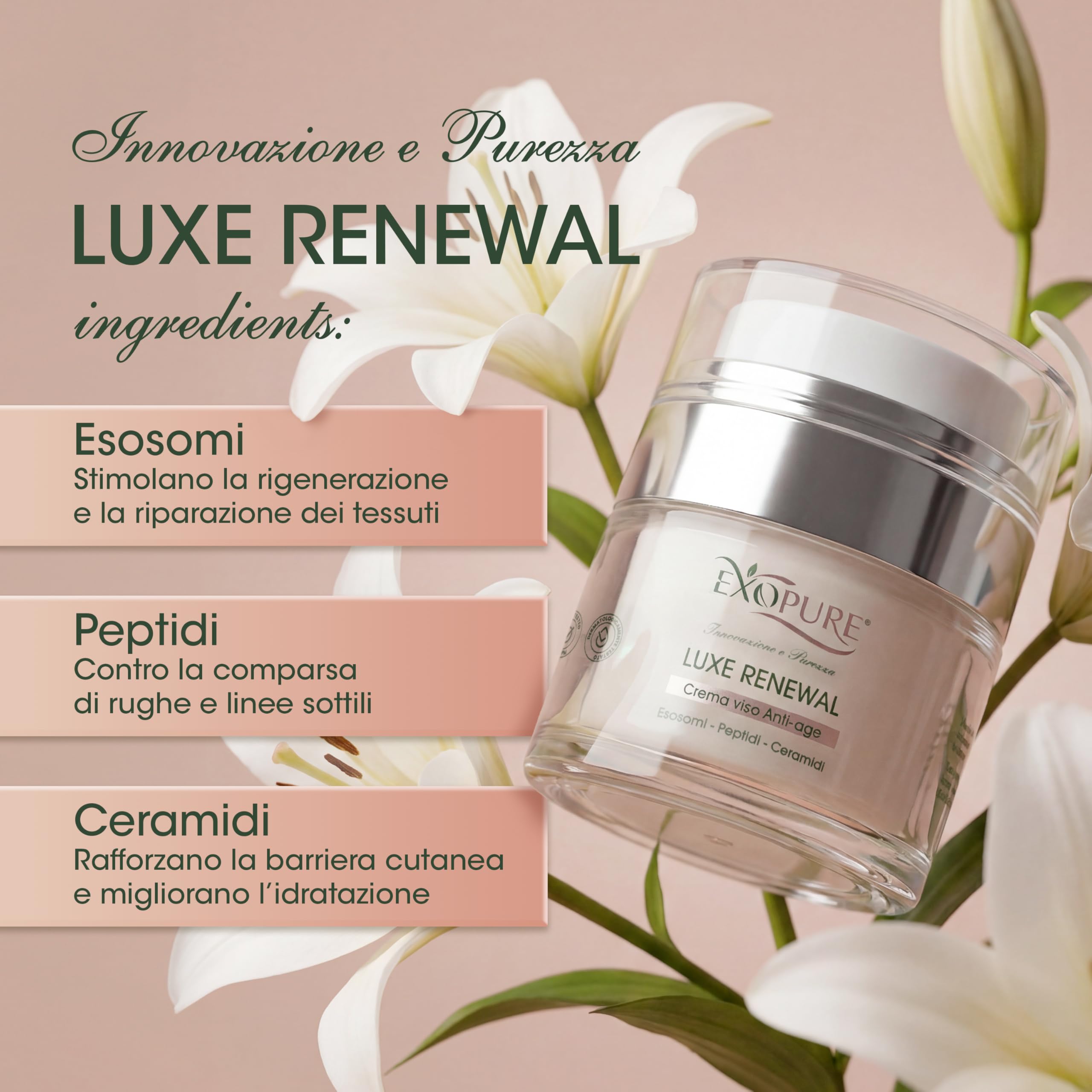 EXOPURE 50ml Crema Viso Antirughe Avanzata con ESOSOMI, Peptidi e Ceramidi | Crema Idratante Viso Innovativa, Rimpolpante, Skincare 100% MADE IN ITALY, Crema Viso Uomo & Donna - Effetto Radioso