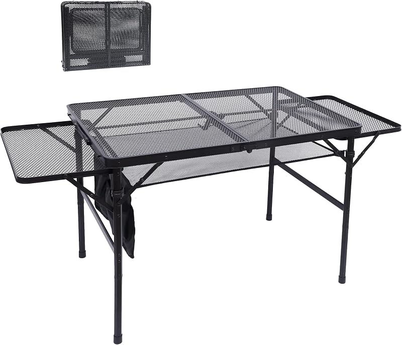 Metal Folding Grill Table, Camping Tailgate Grill Station | 2 Tier Design, Adjustable Height&Width, Mesh Net, Carry Handle, Outdoor, BBQ, Camping