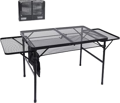 Nice C Folding Grill Table, Camping Tailgate Metal Table, 2 Tier Mesh Grill Station, with Metal Folding Adjustable Height&Width, Mesh Net, Carry Handle, for Outdoor