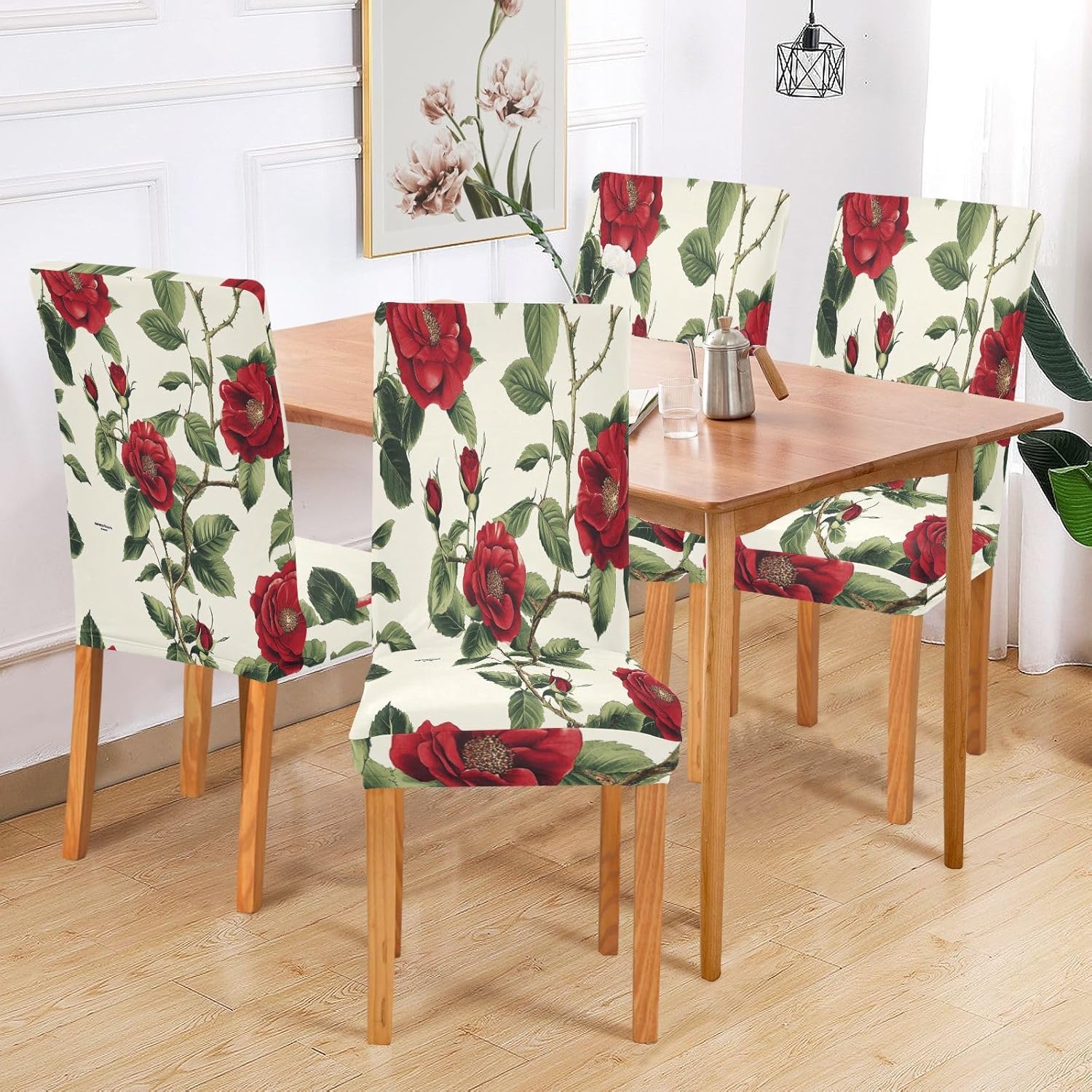 ALAZA Chair Covers for Dining Room, Botanical Flower Red Rose Stretch Chair Cover Sets Chair Protector Removable Washable for Ktichen Restaurant Hotel