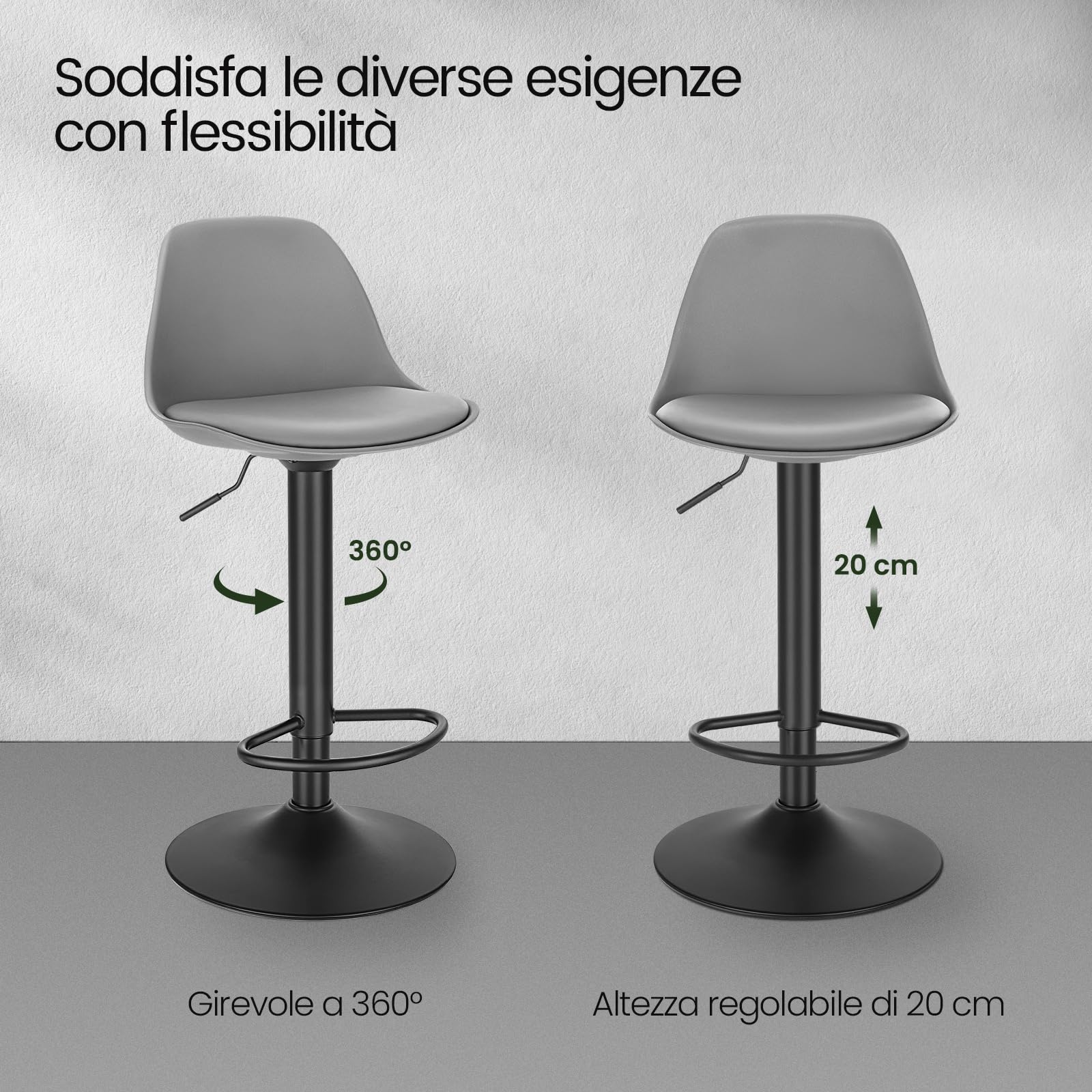 EUGAD Coppia Sgabello da Bar Moderno Sgabello Alto con schienale in Simipelle Sedia Alta da Cucina Regolabile Girevole Grigio