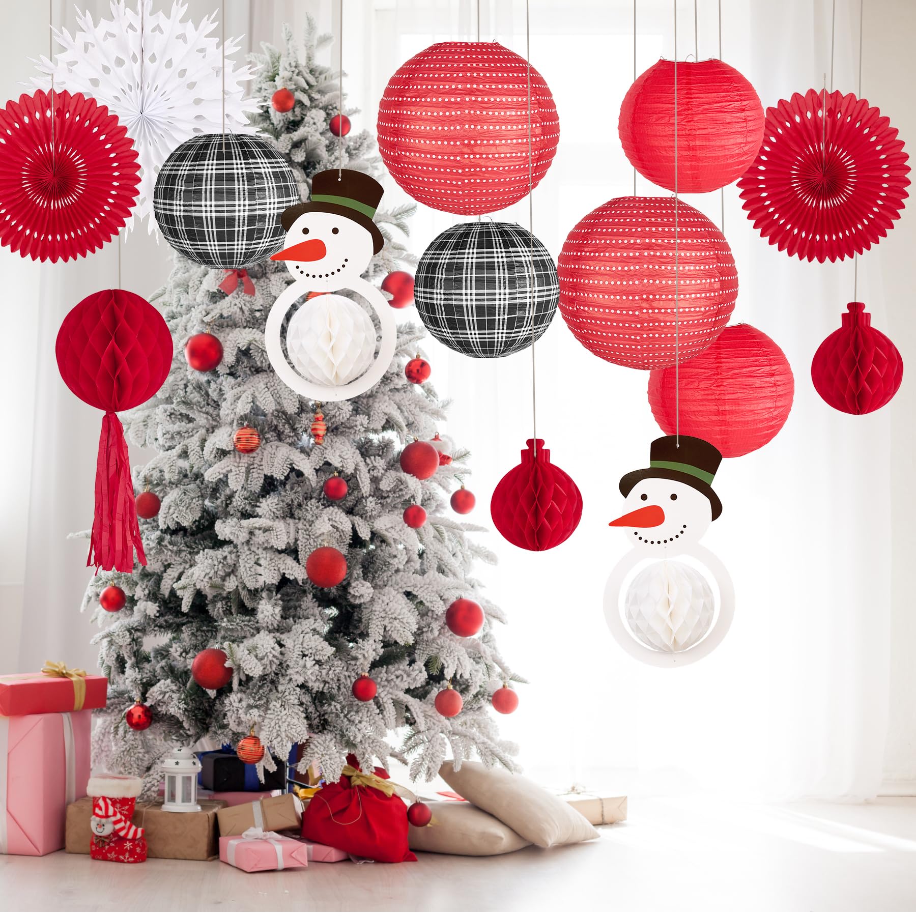 14Pcs Black Red Buffalo Check 3D Snowman Christmas Paper Lantern Decoration, Snowflake Honeycomb Tissue Paper Fan Garland Set, Indoor Outdoor Happy Lunar New Year Ornament Party Supply Kit 12,10,8''