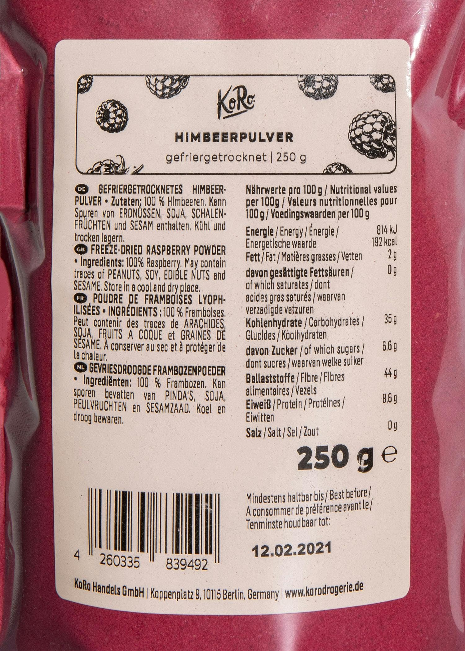 KoRo - Lamponi liofilizzati in polvere 250 g - 100% frutta liofilizzata - per colorare naturalmente frullati, jogurt e porridge