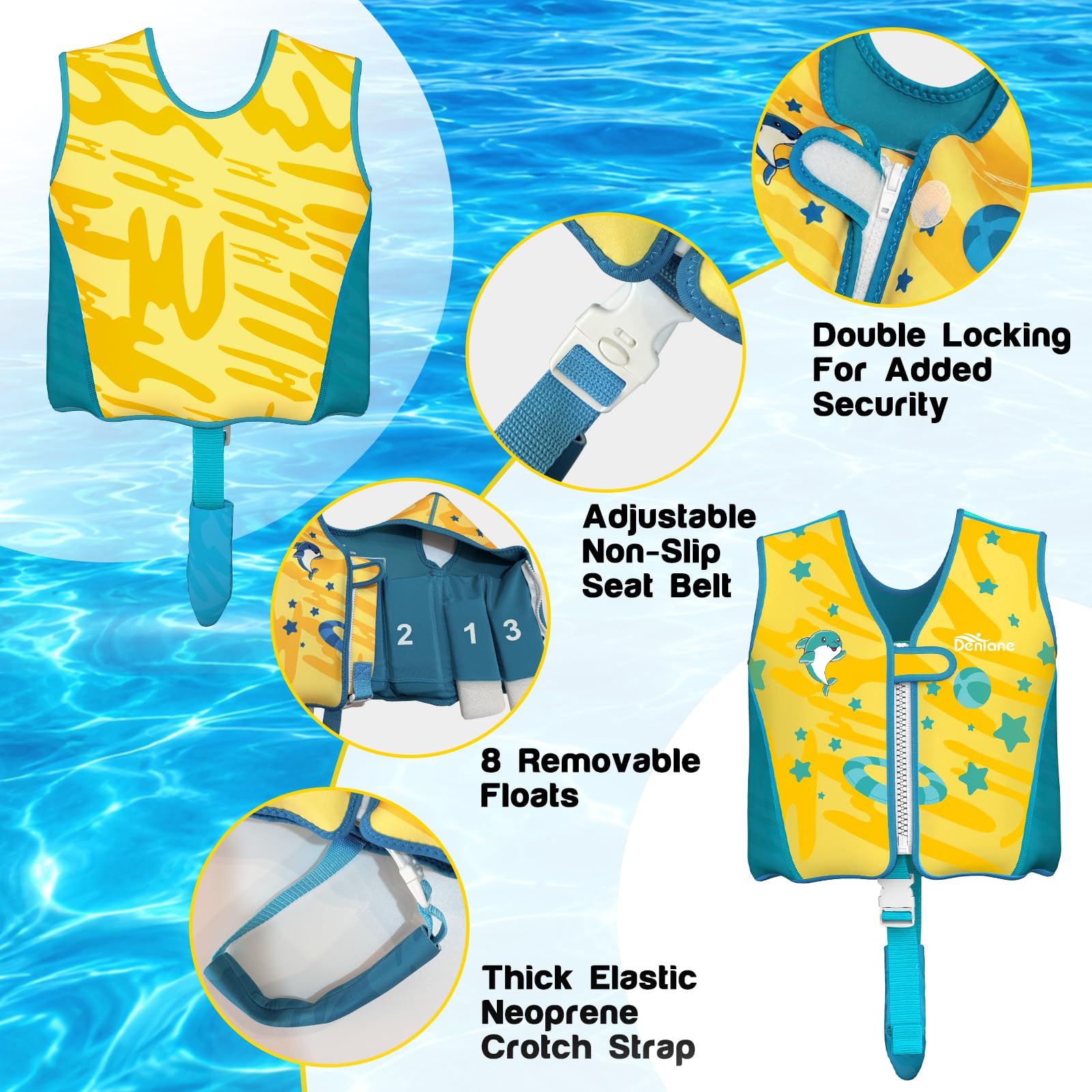 Giubbotto da nuoto per bambini in neoprene, 2 ai 6 anni costume da bagno per ragazzi e ragazze, costume da bagno per l'allenamento al nuoto con cinghie di sicurezza regolabili - Giallo(15-30 Chilo)