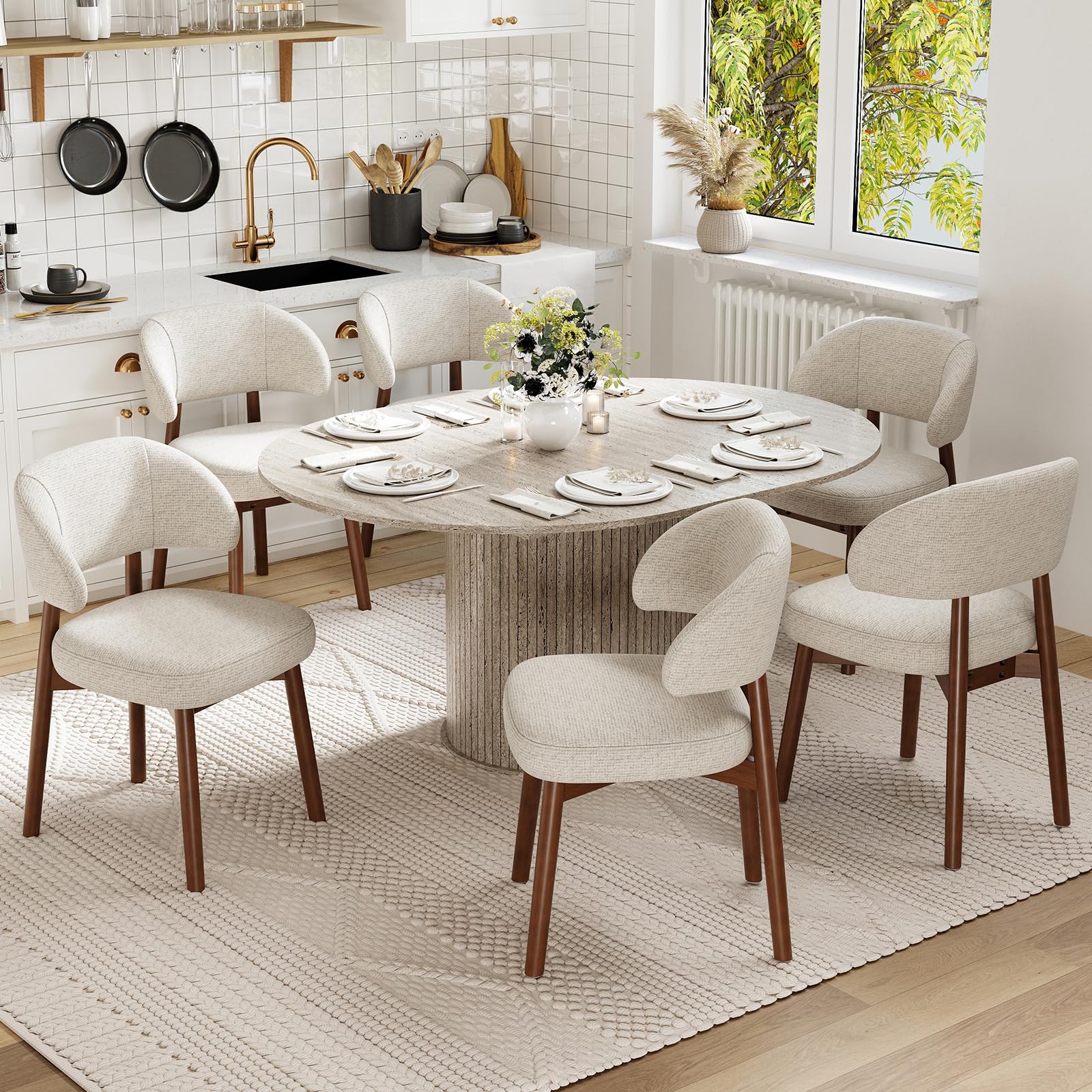 MALOL 47"-63" Extendable Round to Oval Dining Room Table Chairs Set for 4-8, Modern Wooden Kitchen Table and Chairs with Hidden Storage and Fluted Design for Dining Room/Small Space(White and Beige)