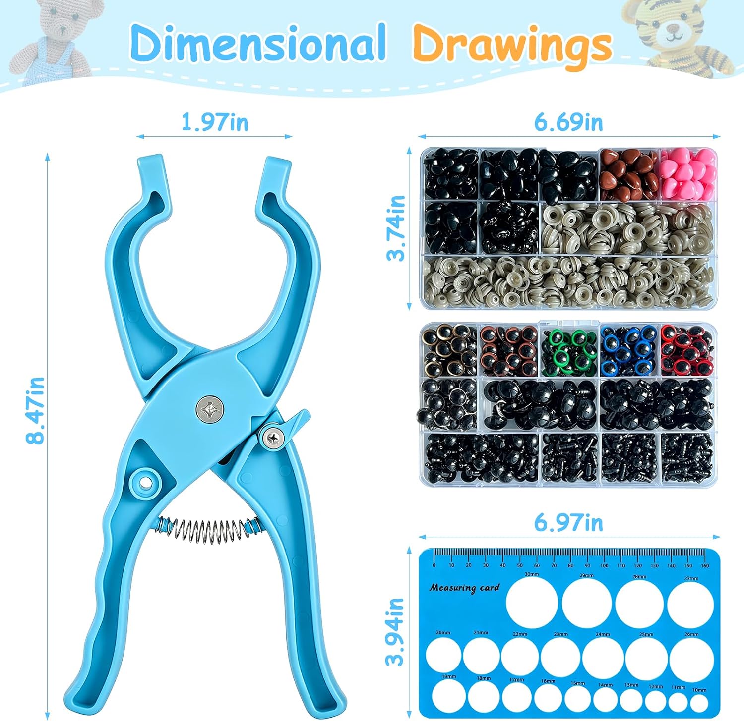 915 PCS Safety Eyes and Noses with Upgraded Installation Tool — 12 Sizes, 10 Colors Amigurumi Eyes for Crocheting, Stuffed Animals & Doll Making — Includes 10-30mm Sizer Tool for Easy Crafting(Blue)
