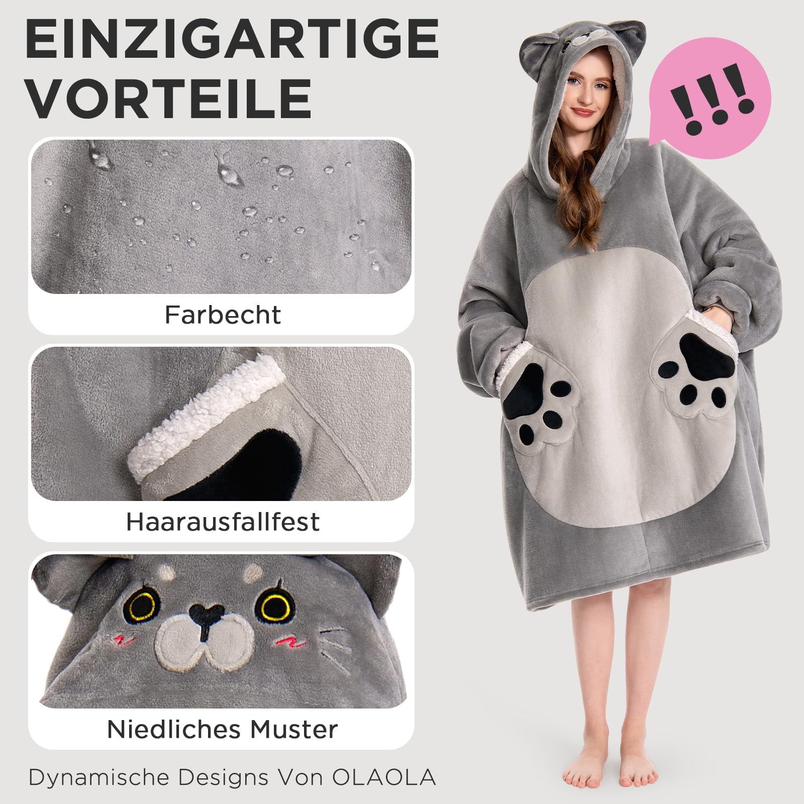 OLAOLA Blaue Katze Decken-Hoodie Unisex, Oversized Sherpa Kuscheldecke