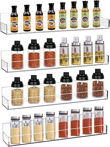 Estante de especias acrílico transparente montado en la pared, estante flotante de 15 pulgadas con protectores de extremo extraíbles para armario de