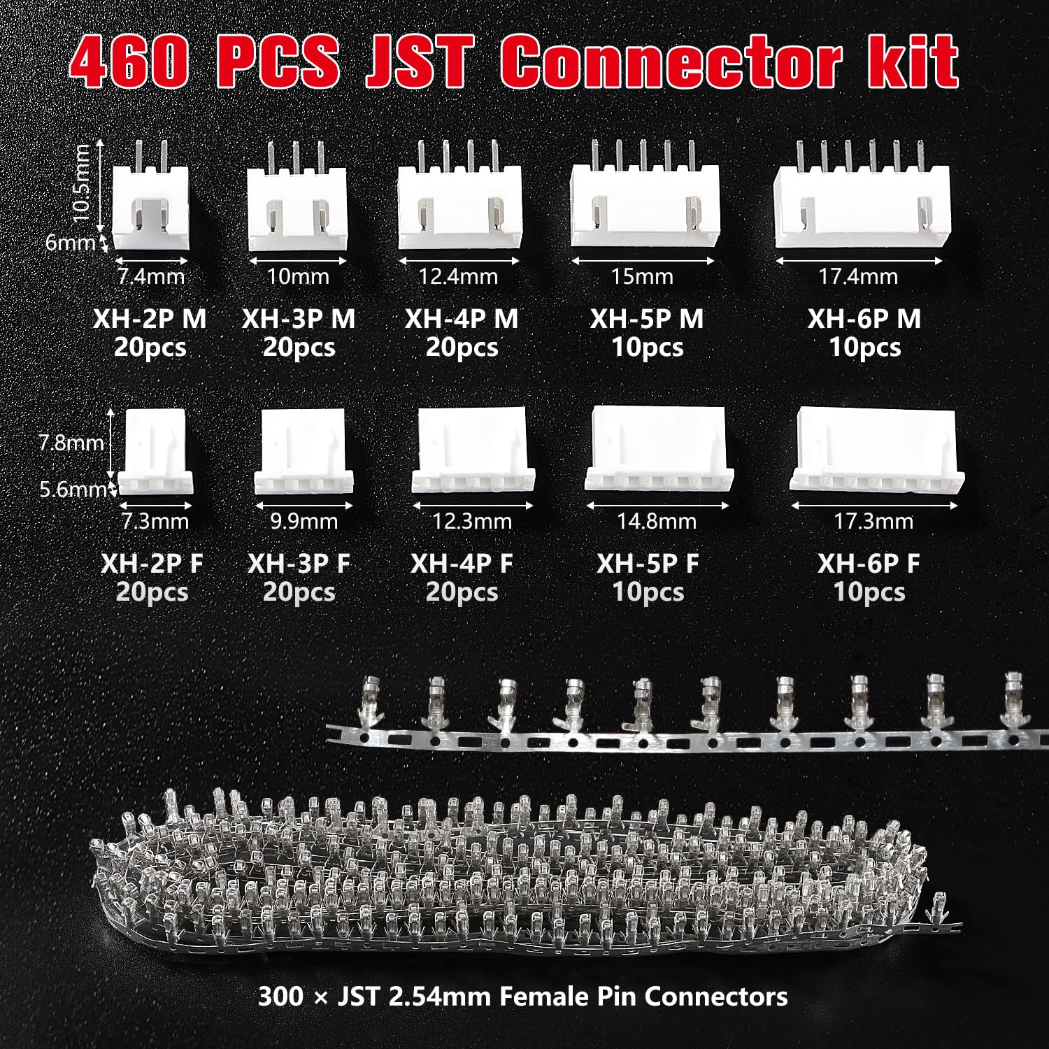 YIXISI 460 PCS 2.54mm JST-XH 2/3 / 4/5 / 6 Pin Housing Connector Adapter Plug, JST Connector Kit, White - JST XH - B - Image 2