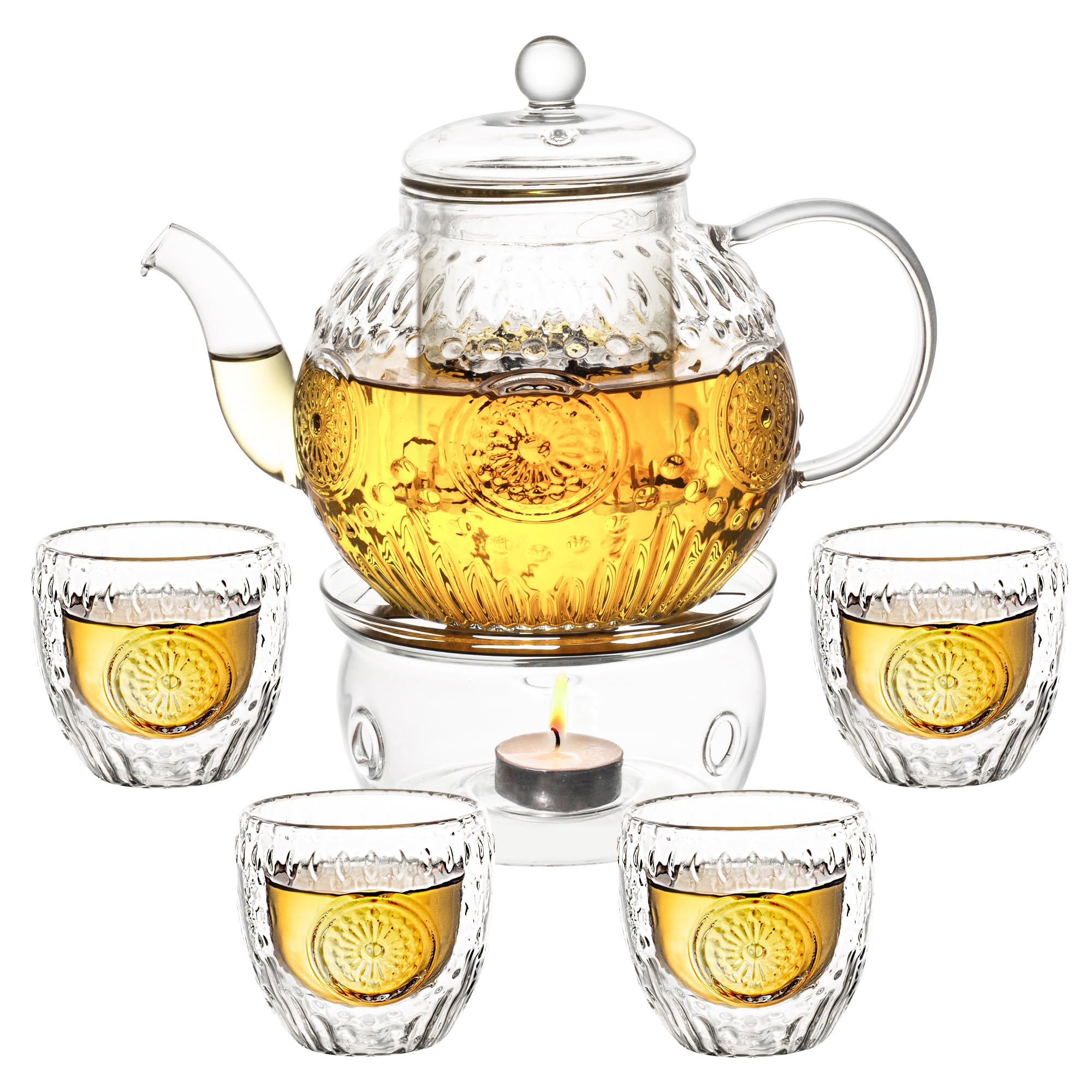 Photo 1 of Bandesun Vintage Glass Teapot Set with 4 Cup, 32oz Borosilicate Tea Pot with Removable Infusers for Blooming and Loose Leaf Tea, Tea Warmer with Candlelight, Stovetop Safe, Gift for Women and Adults