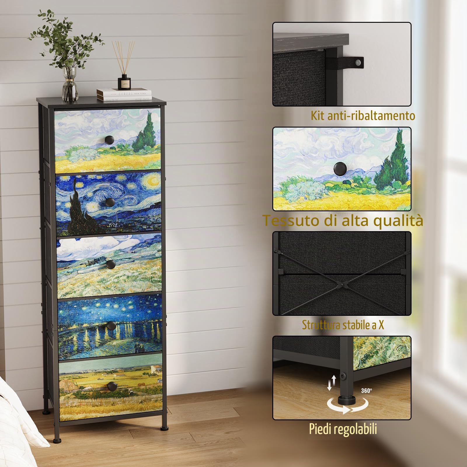 Cassettiera con cassetti in tessuto, stile Van-Gogh, sottile, per camera da letto, armadio, corridoio, soggiorno, cameretta (5 cassetti)