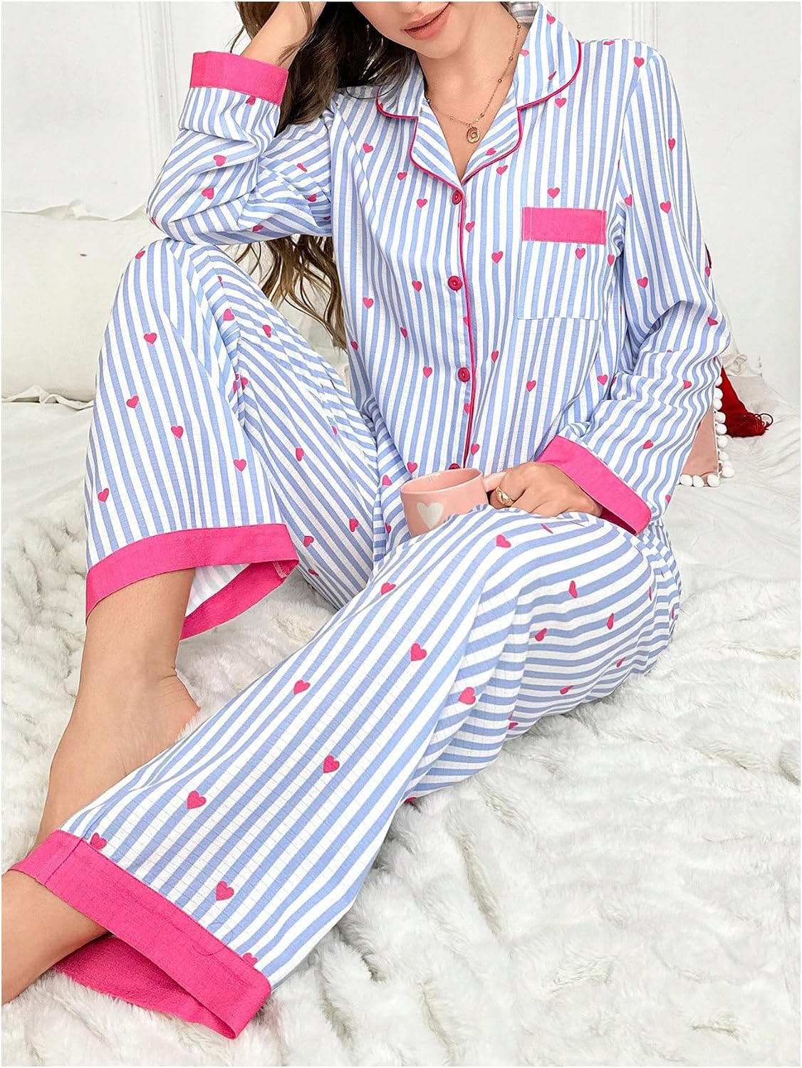 WDIRARA Women's Striped Heart Print Pajama Set Long Sleeve Button Down Pants Pjs Set 2 Piece Sleepwear