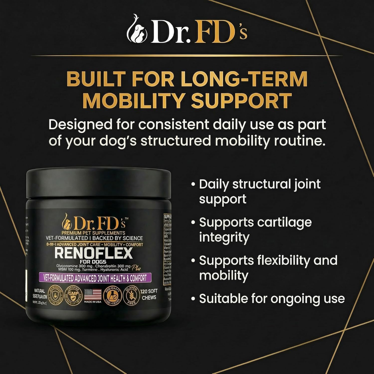Dr. FD’s RenoFlex Dog Joint Supplement for Medium & Large Breeds, Hip and Joint Support Soft Chews with Glucosamine, Chondroitin, MSM and Turmeric, Daily Mobility Support, 120 Soft Chews
