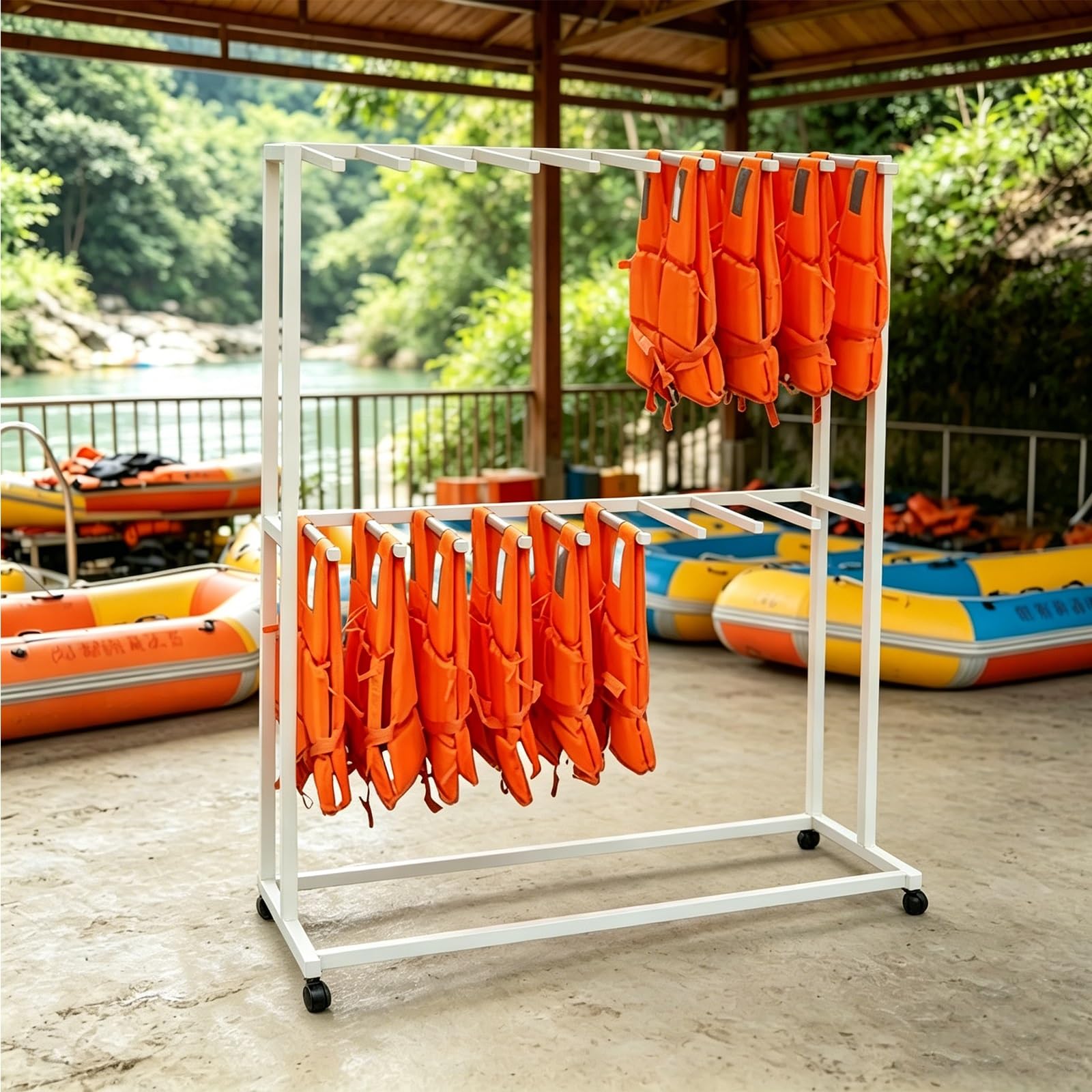 Heavy-Duty Life Vest Holder, Pool Equipment Storage Rack with Swivel Wheels, Multifunctional Freestanding Wetsuit Hanger Vest Hanger for Towels Clothing Swim Rings(White,2-Tier)