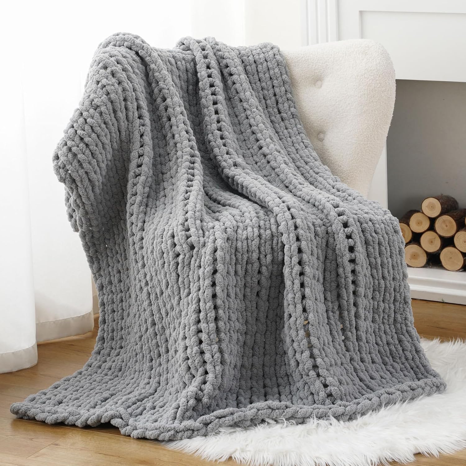 Battilo Chunky Knit Throw Blanket, Soft and Thick Chenille Throw Blanket, 50"x60" Handmade Cable Knit Crochet Blanket, Light Grey Knot Knitted Throw Blankets for Couch Sofa Bed Home Decor, Light Grey - Image 2