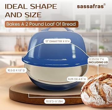 Sassafras Superstone Stoneware La Cloche Bread Baker with Blue Glazed Exterior and Unglazed Interior Bakes an Artisan Bread with Crusty Crust and a Light Crumb