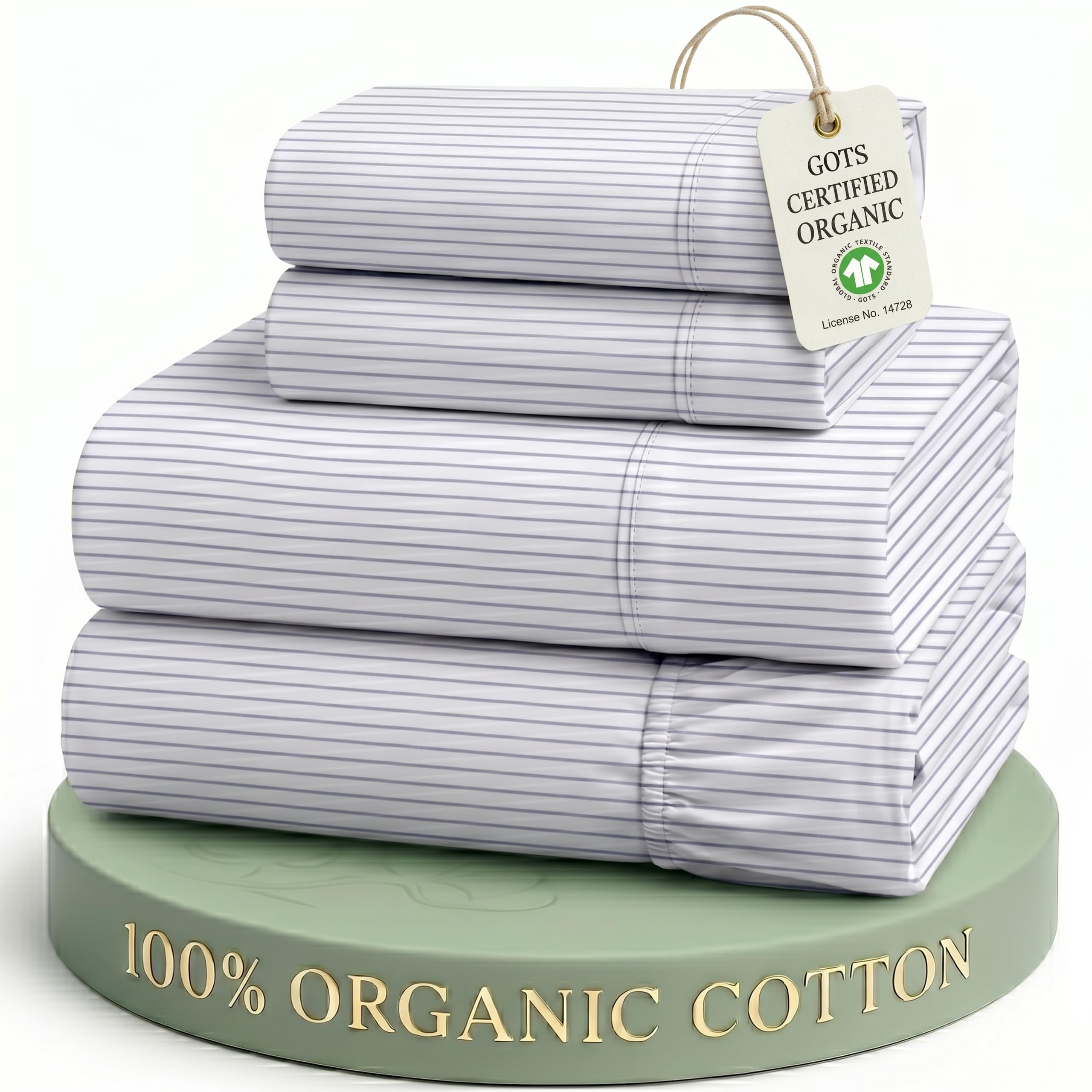 LANE LINEN 100% Organic Cotton Full Sheet Set, Low Pilling Fade Resistant Machine Washable Naturally Cooling Full Bed Sheets, Soft & Comfy Printed Cotton Bedding- Blue Ticking Stripe โ image 1