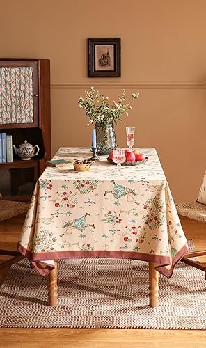 Miniatura 8 de patdrea - Mantel de diseñador beige para mesas rectangulares, mantel elegante y vintage de lino francés con patrón de niños y árboles, rústico y