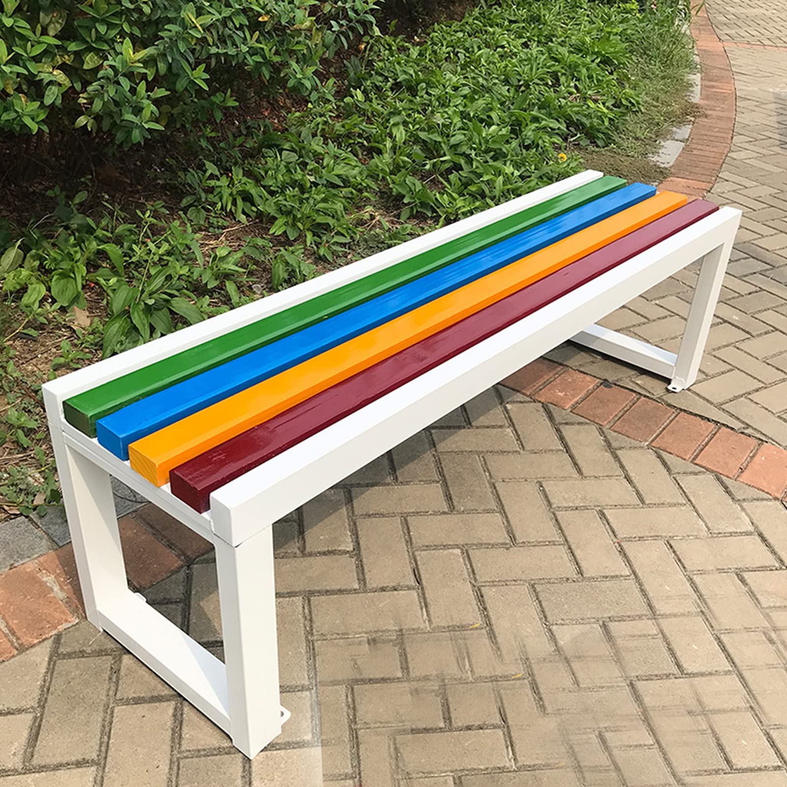 Zewnętrzna drewniana/plastikowa ławka ogrodowa, klasyczny kolor tęczy, wygodny minimalistyczny design, stołek bez pleców do domu i na patio, rozmiar: 150 x 40 x 45 cm, wykończenie z białego drewna
