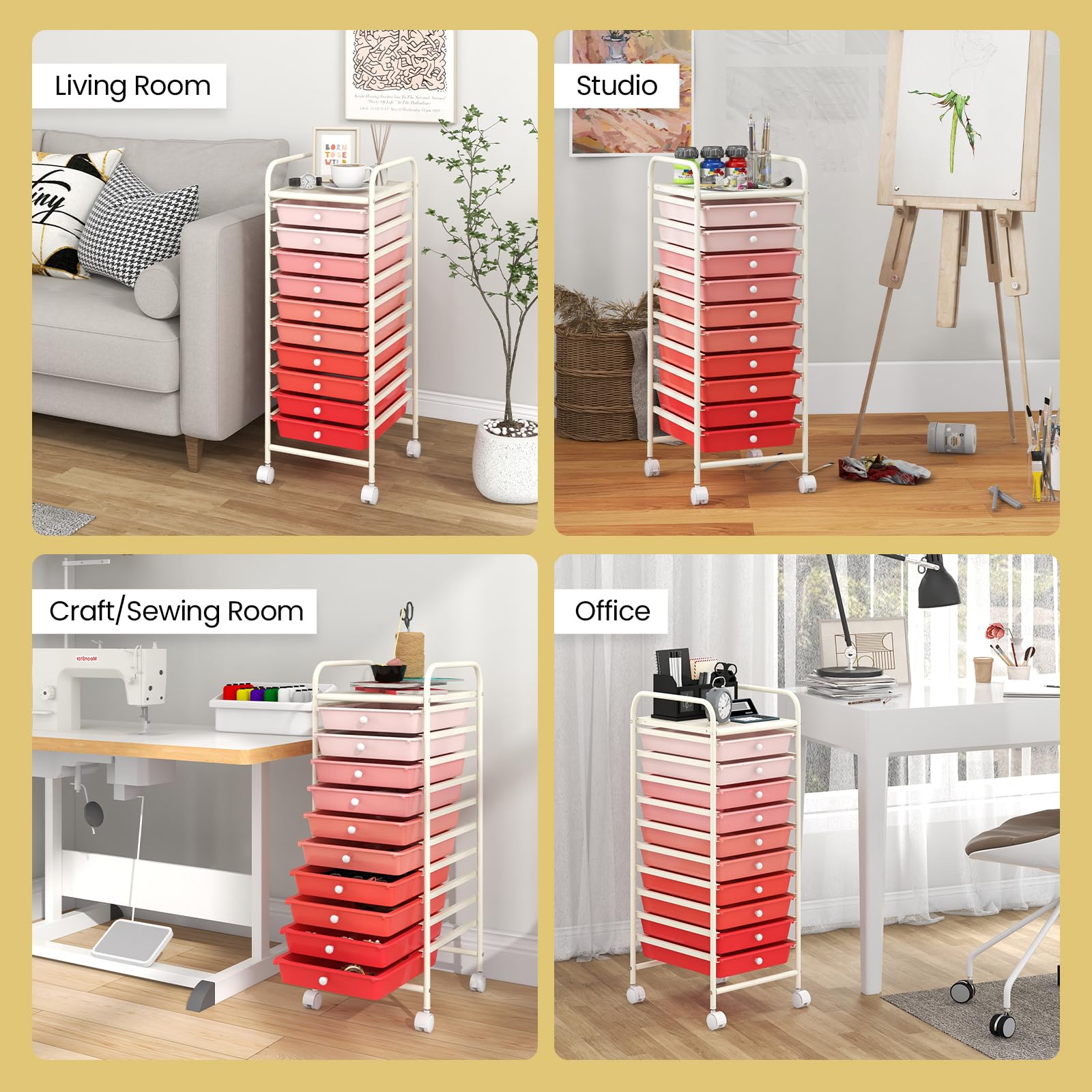 ARLIME Wózek do przechowywania z 10 szufladami, wózek z 10 szufladami, organizer na kółkach, organizer na papier do scrapbookingu, odpowiedni do biura i szkoły, organizer biurowy (różowy)