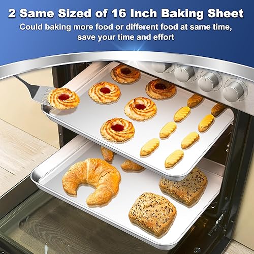 Vista 4 de P&P CHEF 16 Inch Baking Cookie Sheet, Oven Pan Tray Stainless Steel Sheet Pan for Kitchen, Oven Bakeware for Multi Uses, Shiny Look & Dishwasher