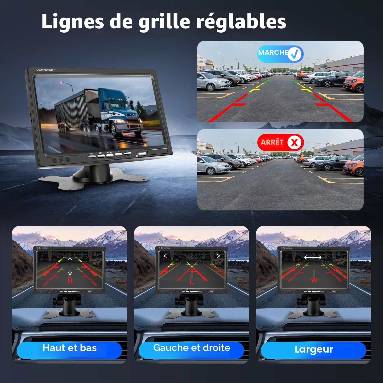 Kit caméra arrière Filaire avec écran LCD 7 Pouces, caméra de recul étanche IP68 pour Voiture, Camping-Car, Caravane, SUV, caméra arrière LED avec Vision Nocturne HD, 12V-24V