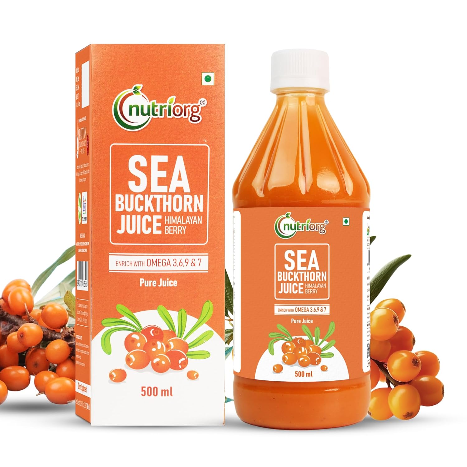 NutriOrg Pure Sea Buckthorn Juice 500 mL | 100% Himalayan Berry Pulp | Omega 3,6,7,9 & Vitamin C | Best for Immunity & Antioxidant Rich | No Added Sugar & Colour