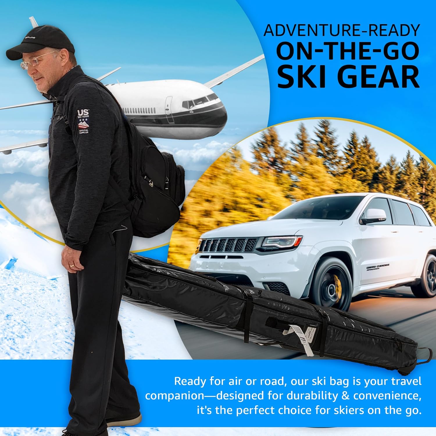 Zipline Ski Double Ski Bag with Wheels - Gear & Apparel Storage for Skiers - 180/200 cm Capacity - Durable & Waterproof - Proven Performance - 3 Yr Warranty - Ski & Snowboard Travel Bag
