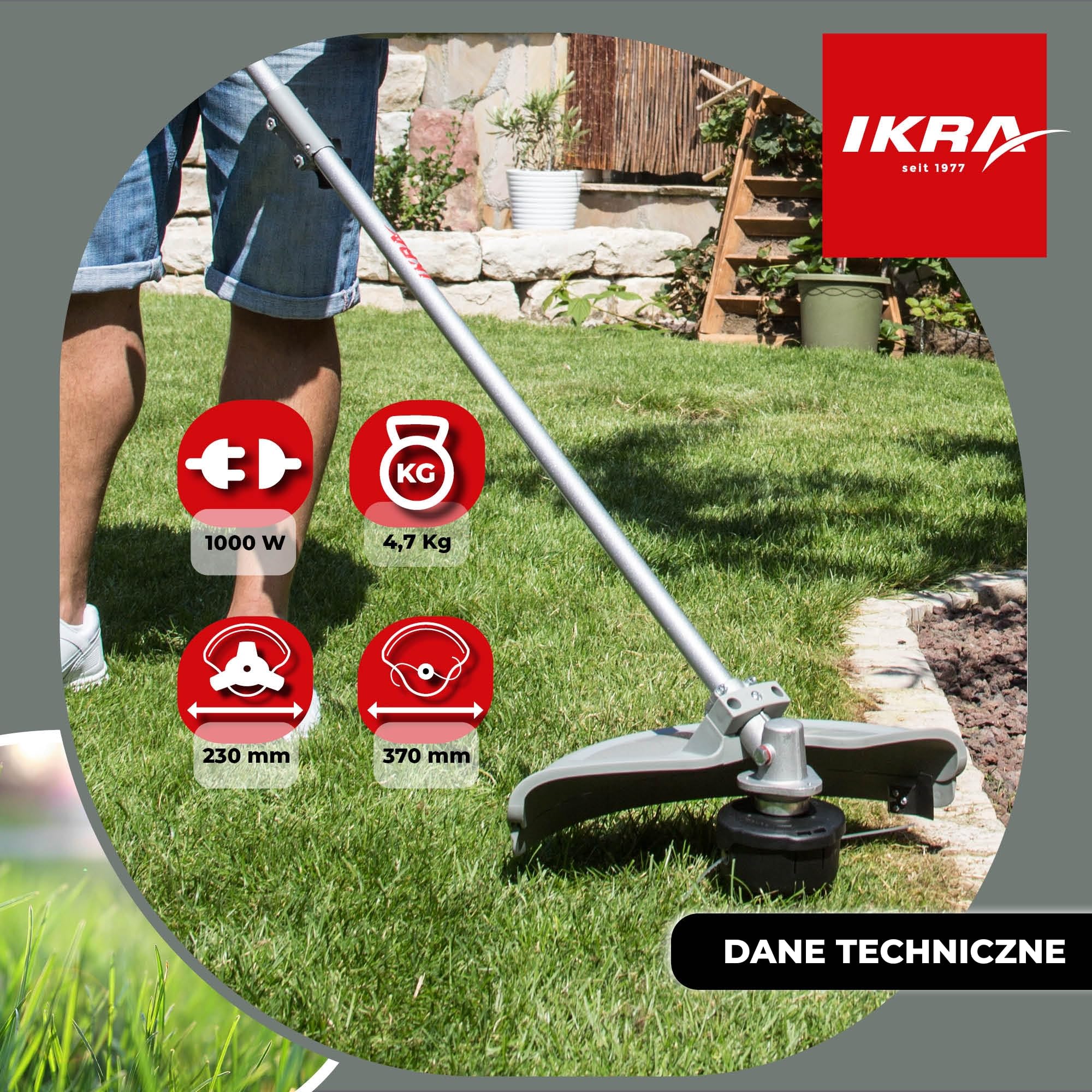 IKRA Kosa elektryczna IES 1000 C,2 szpule żyłkowe,trójząb,okulary,pasek | Średnica koszenia do 37 cm,moc 1000 W,precyzyjne i bezwysiłkowe koszenie trawy i pokrzyw w trudno dostępnych miejscach