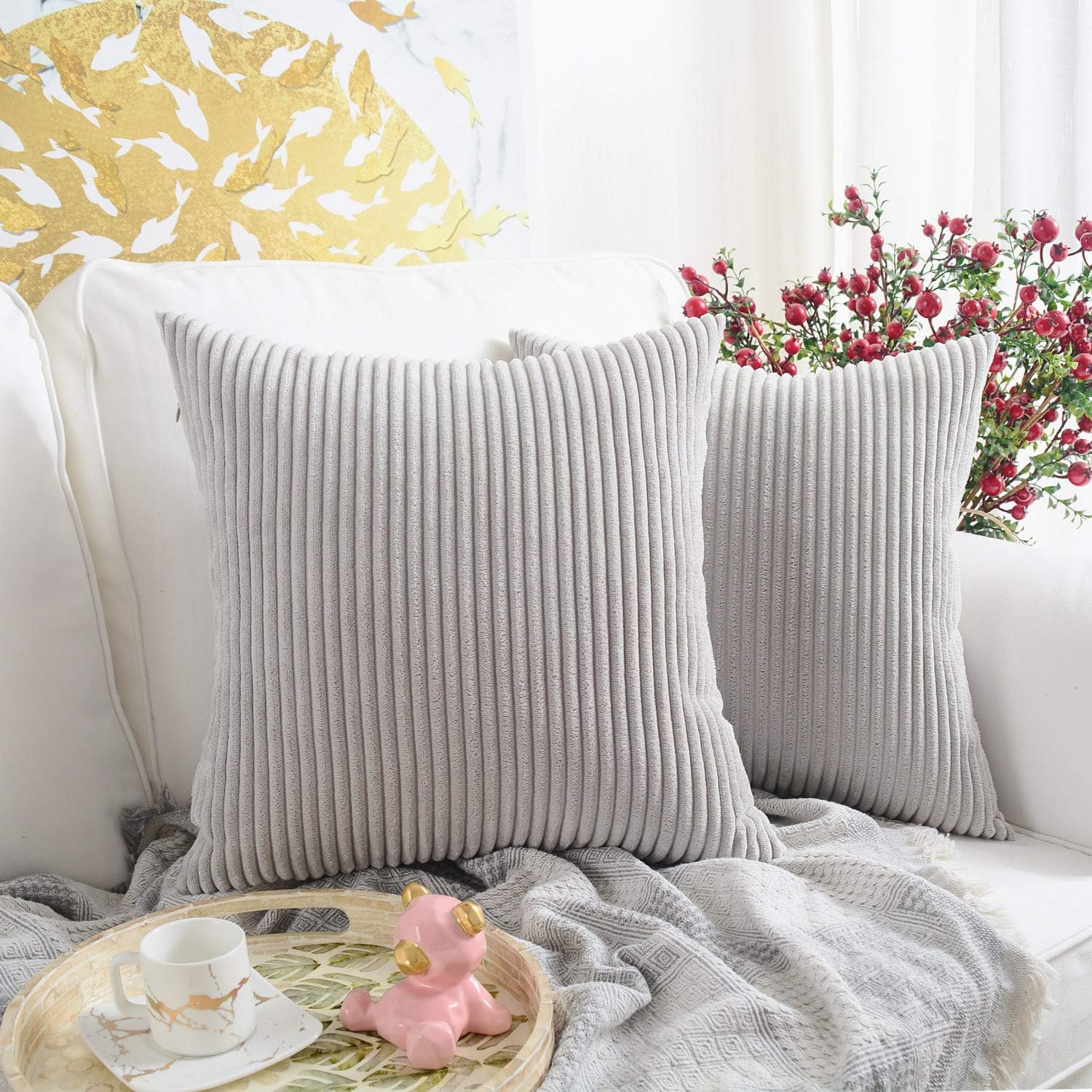 MERNETTE Pack of 2, Corduroy Soft Decorative Square Throw Pillow Cover Cushion Covers Pillowcase, Home Decor Decorations for Sofa Couch Bed Chair 18x18 Inch/45x45 cm (Striped Light Grey)