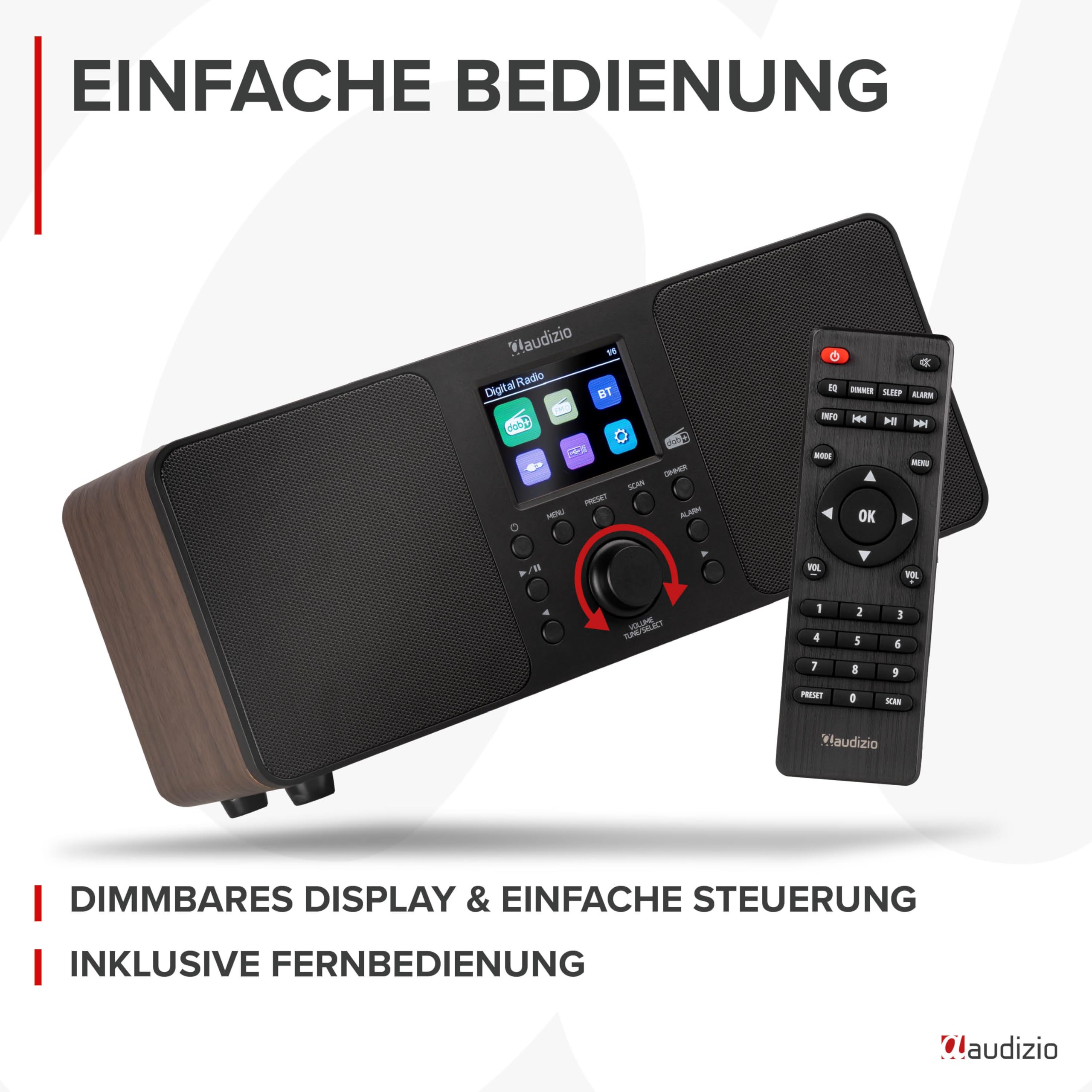 Audizio Genua DAB Radio mit Bluetooth – Stereo DAB Plus Radio mit Fernbedienung, 60 Speicherplätze, Auto Scan, Line-Out, USB, Ideal für Zuhause und Unterwegs, Einfache Bedienung - Holz Look