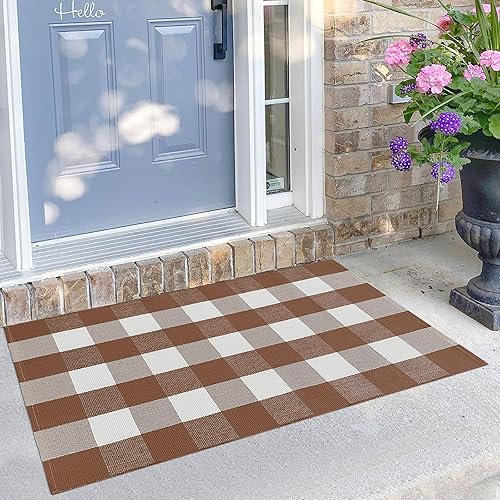 KILOCOCO Buffalo - Tapete a cuadros para puerta delantera, 27.5 x 43 pulgadas, para exteriores, color marrón, tapete de algodón lavable para porche