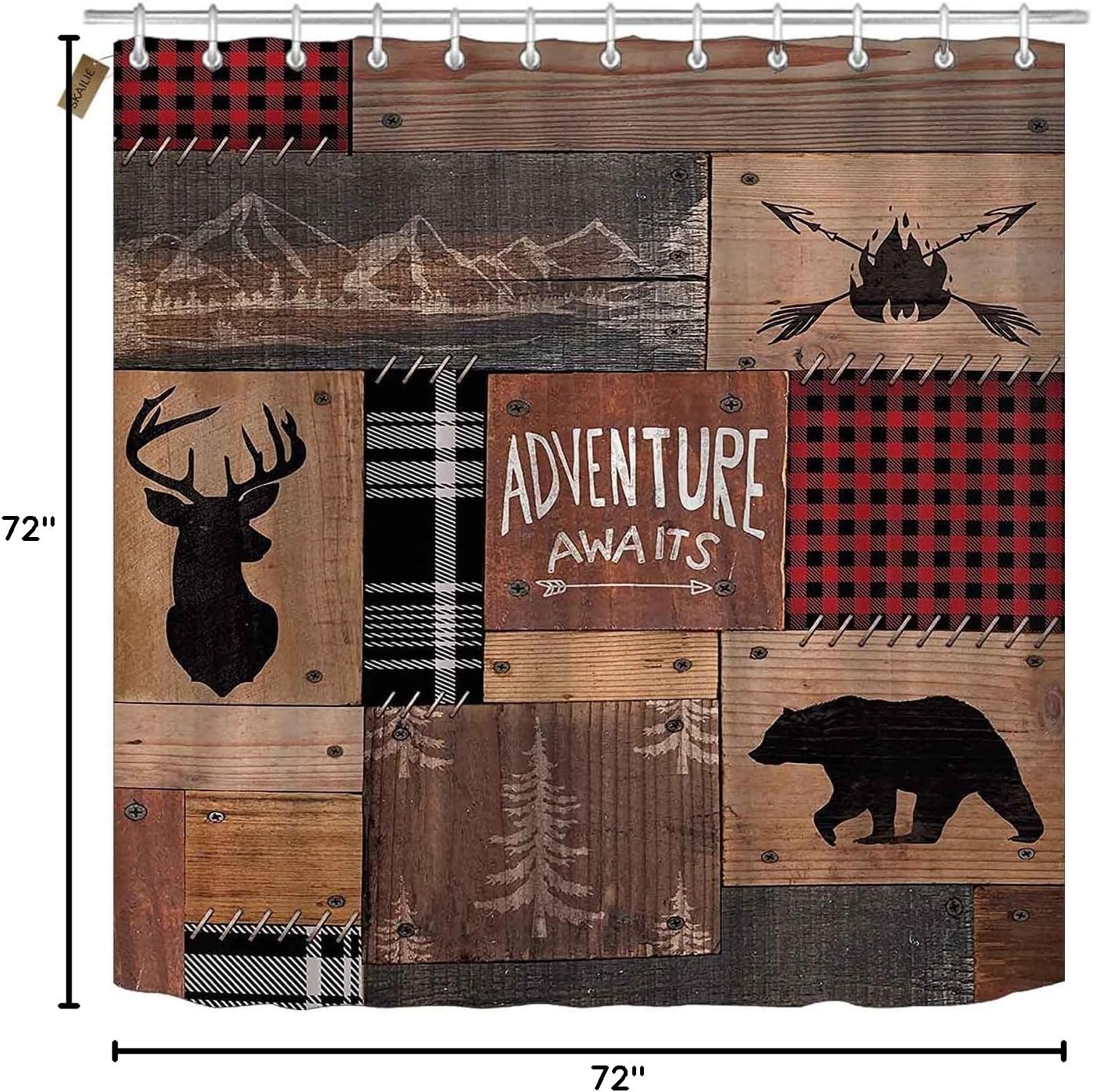 4PCS Cabin Shower Curtain Set, Red and Black Plaid Patchwork Campfire Elk Moose Deer Antlers Country Wildlife Vintage Rustic Farmhouse Adventure Awaits Hunting Bathroom Decor Non-slip Bath Mat