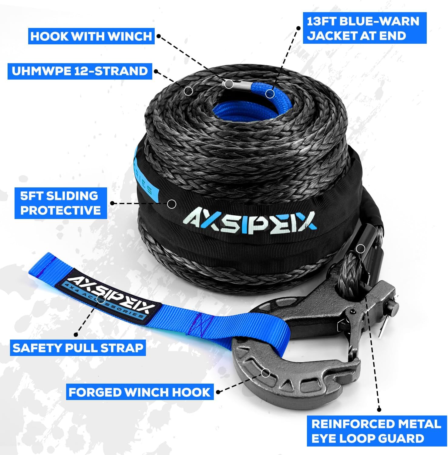 Synthetic Winch Rope Kit, 3/8" x 92ft 26500LBS Blue+Black Winch Cable with Protective Sleeve, Forged Winch Hook and Safety Pull Strap 4WD Off Road Vehicle SUV Truck