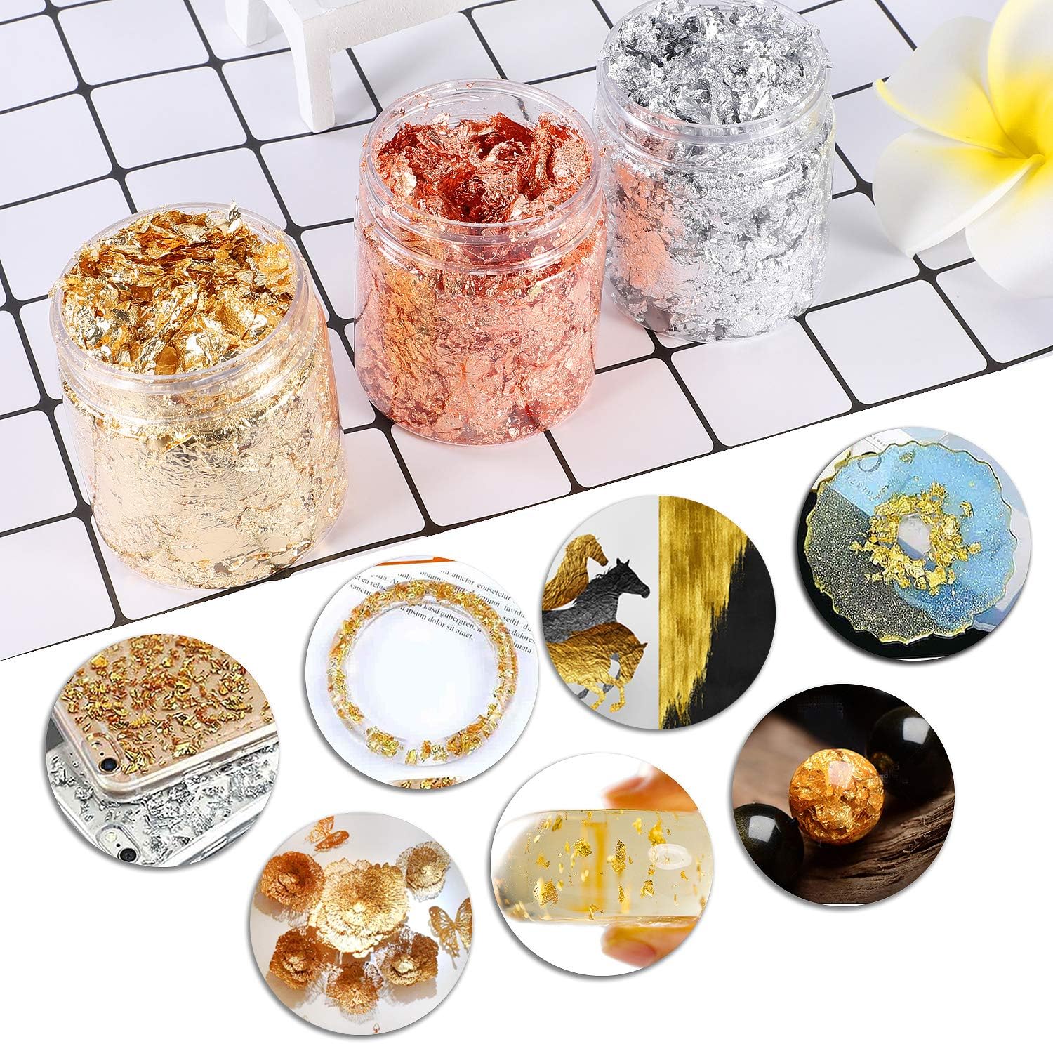 Gold Foil Flakes for Resin,3 Bottles Metallic Foil Flakes 30 Gram,YULIKTOR Imitation Gold Foil Flakes Metallic Leaf for Nails, Painting, Crafts,Slime and Resin Jewelry Making,Gold,Silver,Copper Colors