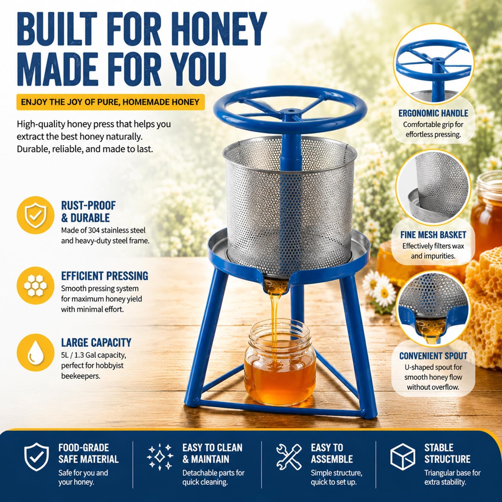 Pressa Manuale da 5 Litri per Cera D'api, Estrattore di Miele, Estrattore di Miele Grezzo, Elevata Resa di Succo, con Base Triangolare, per Cera D'api, Frutta E Verdura