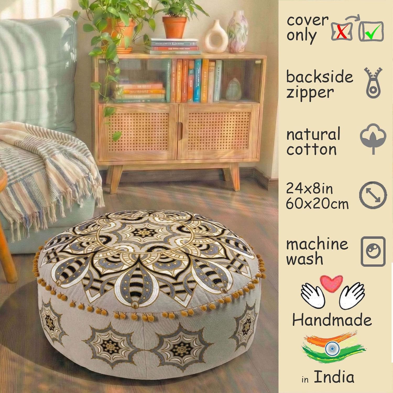Mandala Life ART Moroccan Floor Pillow Cover Blue Gold Bohemian Décor Pouf Ottoman Latge Round Yoga Floor Cushion Luxury Kids Room Décor Boho Living Room Moroccan Floor Pillow Cotton 24x8 Unstuffed