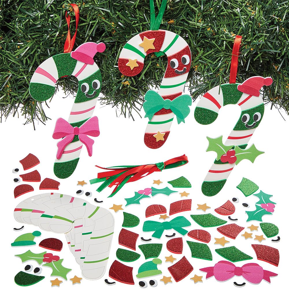 Baker Ross FN675 Candy Cane Mix & Match Decoration Kits – Pack of 8, Christmas Craft Sets for Festive Candy Cane Decorations