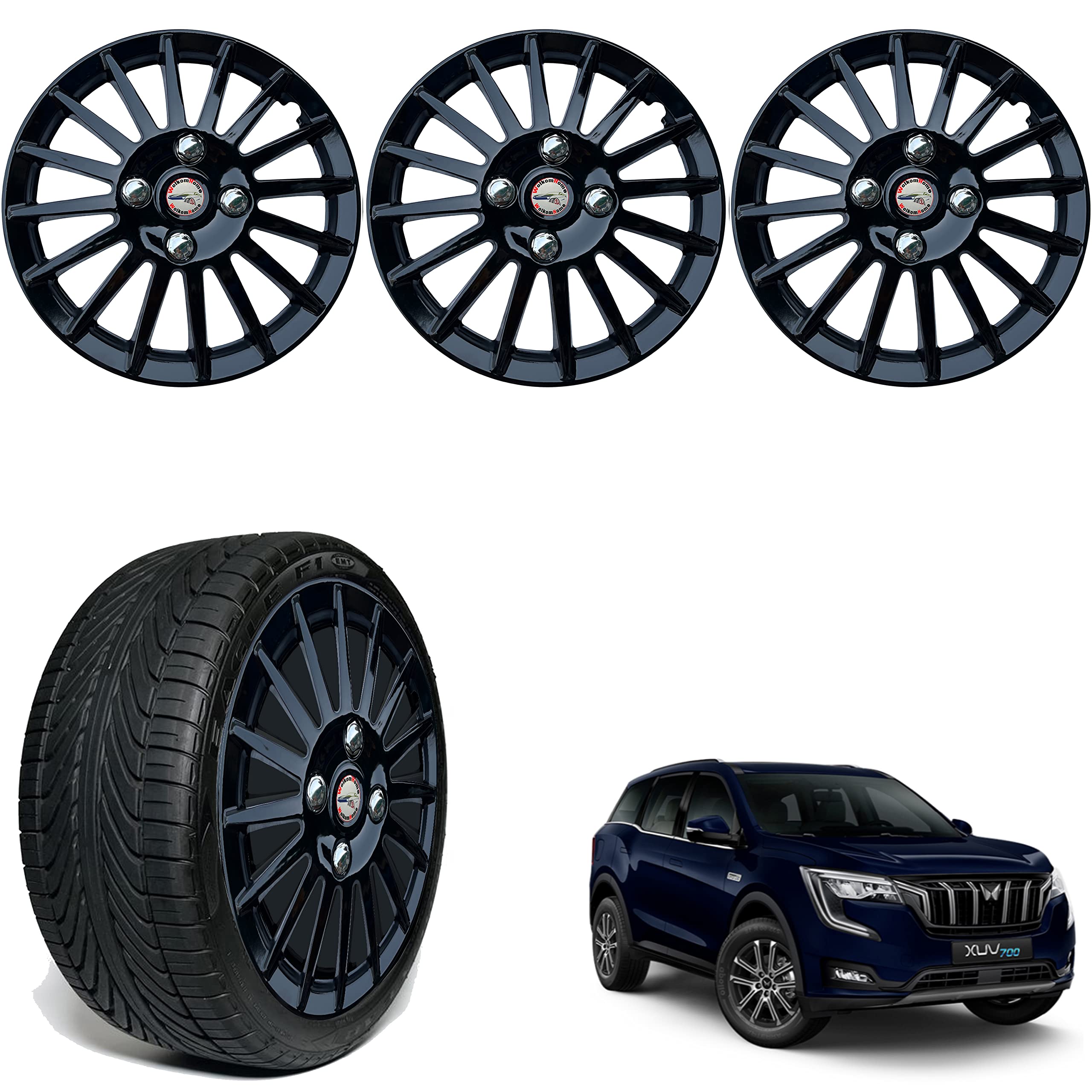 WolkomHome car Wheel Cap, Hub Cap Wheelcover Wheel Cover for XUV 700/17 inch Universal for All 17 inch Wheel Size Cars Multi Spike Full Black Set of 4 pc Best car Accessories