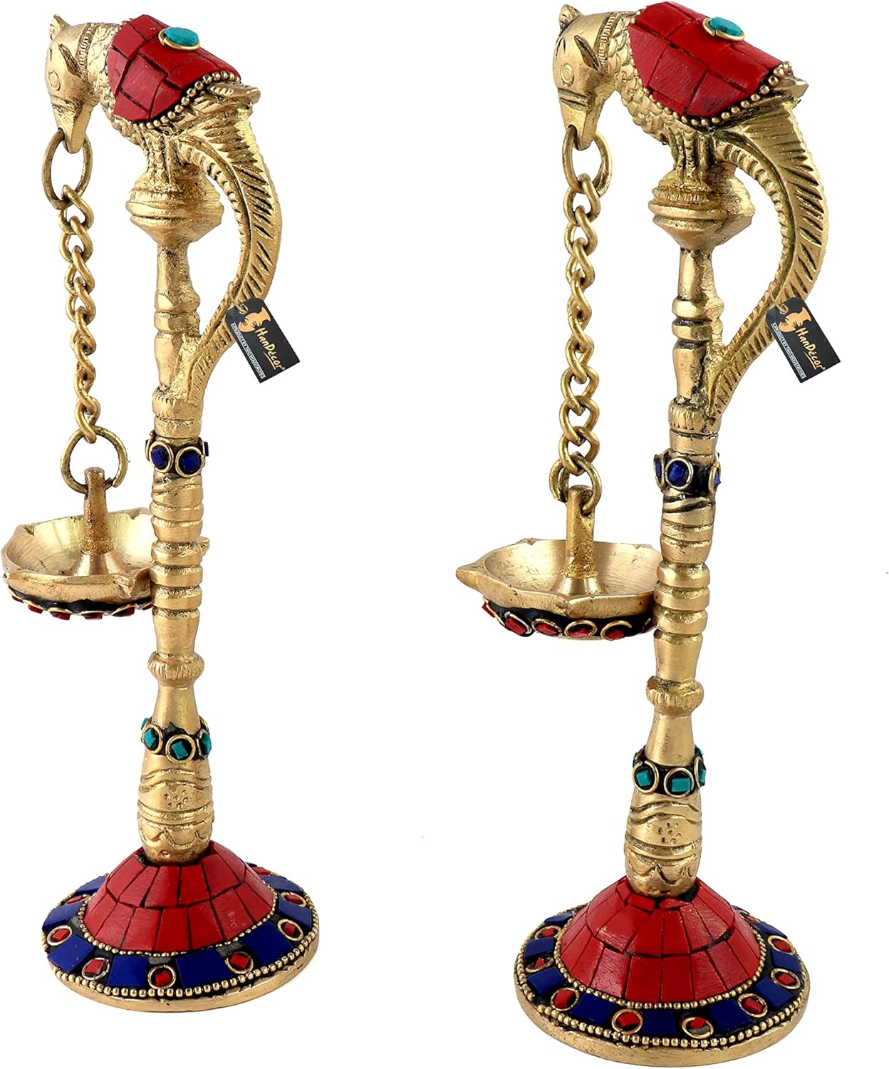 Two Moustaches 100% Pure Brass with Gemstone Work Parrot Design 7.5 Inches Hanging Diya Pair, Material - Brass, Standard, Pack of 2