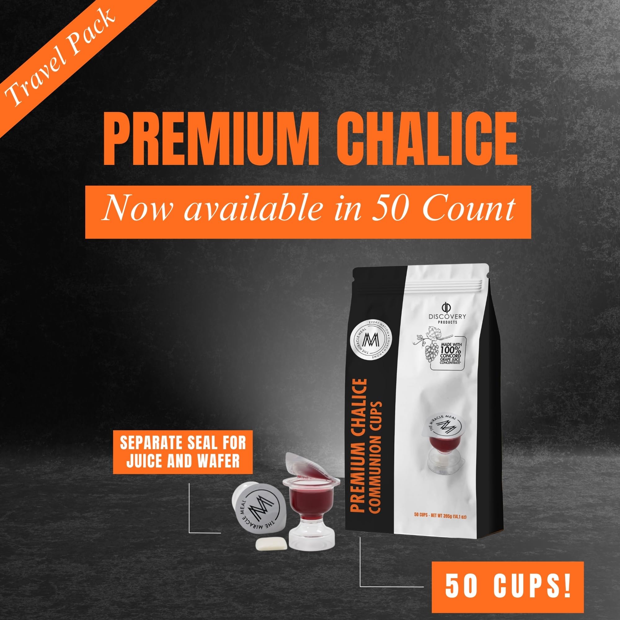 Travel Pack - Pre-Filled Premium Chalice Cup - Bag of 50 with Wafer and 100% Concord Grape Juice