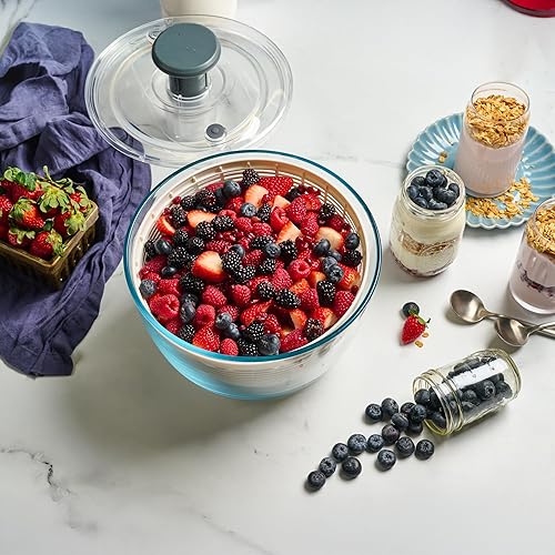 Miniatura 3 de Le'raze Escurridor de ensalada de vidrio con tapa hermética, sin BPA, lavadora giratoria de lechuga de fácil bombeo, cuenco de lavado de frutas con