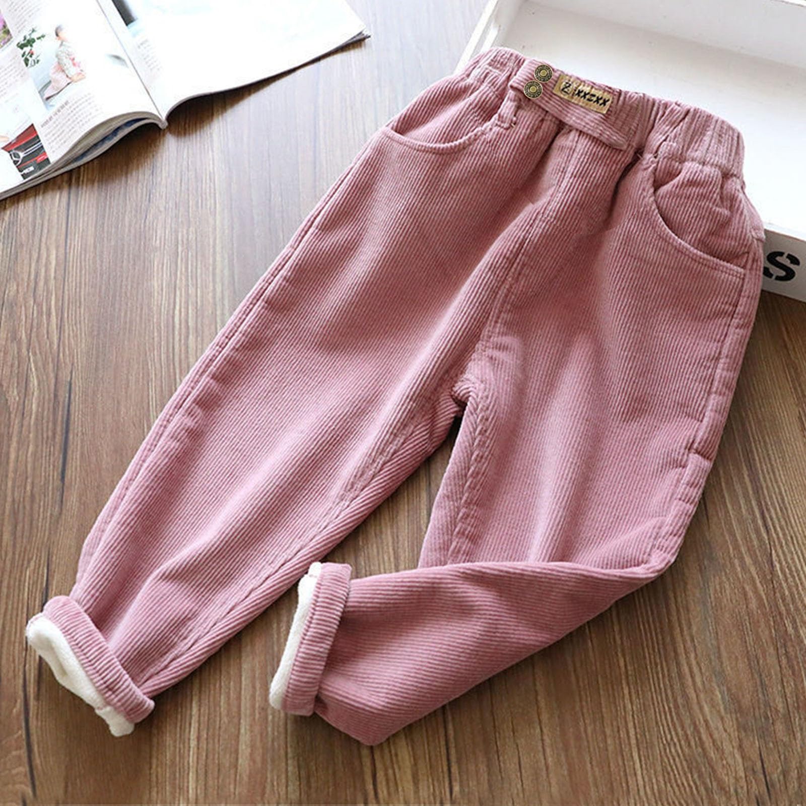 Pantalon d'hiver en velours côtelé pour fille - Doublure en polaire chaude - Taille élastique - Pantalon doux épais thermique décontracté à enfiler