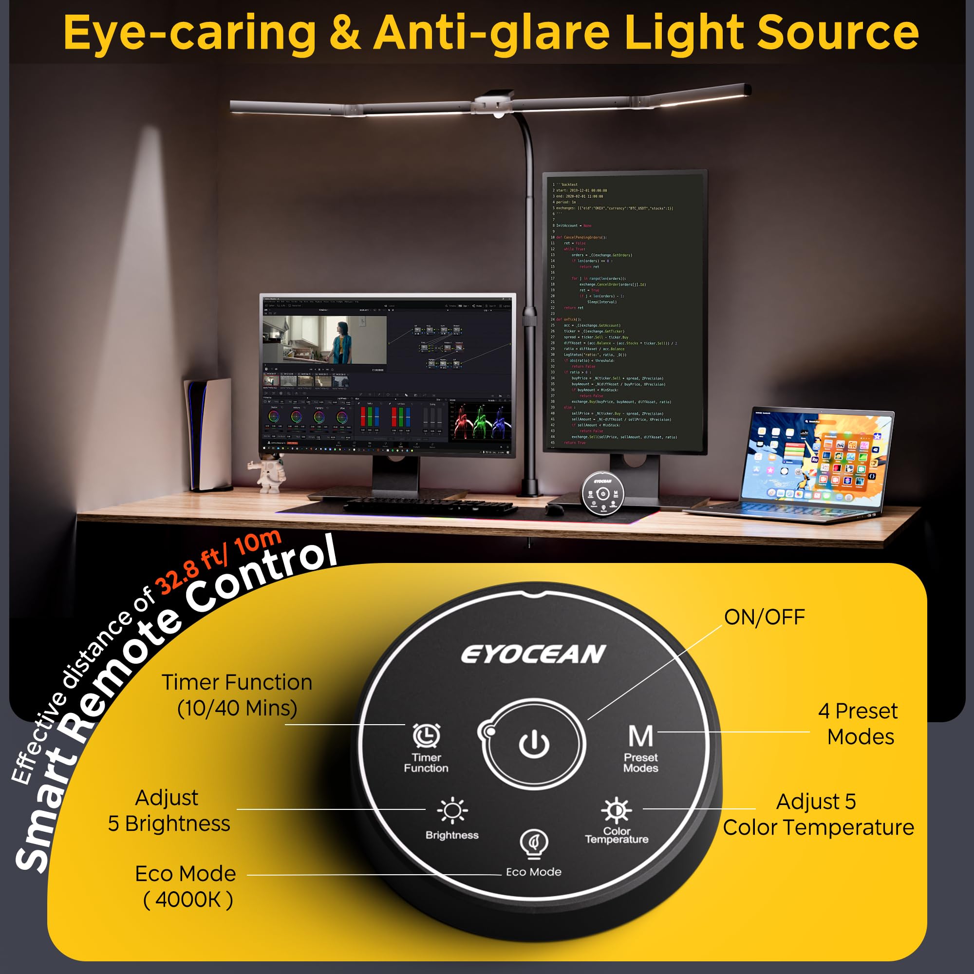 EYOCEAN Schreibtischlampe, 4 Lichtquellen, Teleskopstange mit Einstellbarer Höhe, 24W 100cm Tageslichtlampe Schreibtisch mit Fernbedienung, Dimmbare Monitor Lampe, Schwanenhals Büro Tischlampe