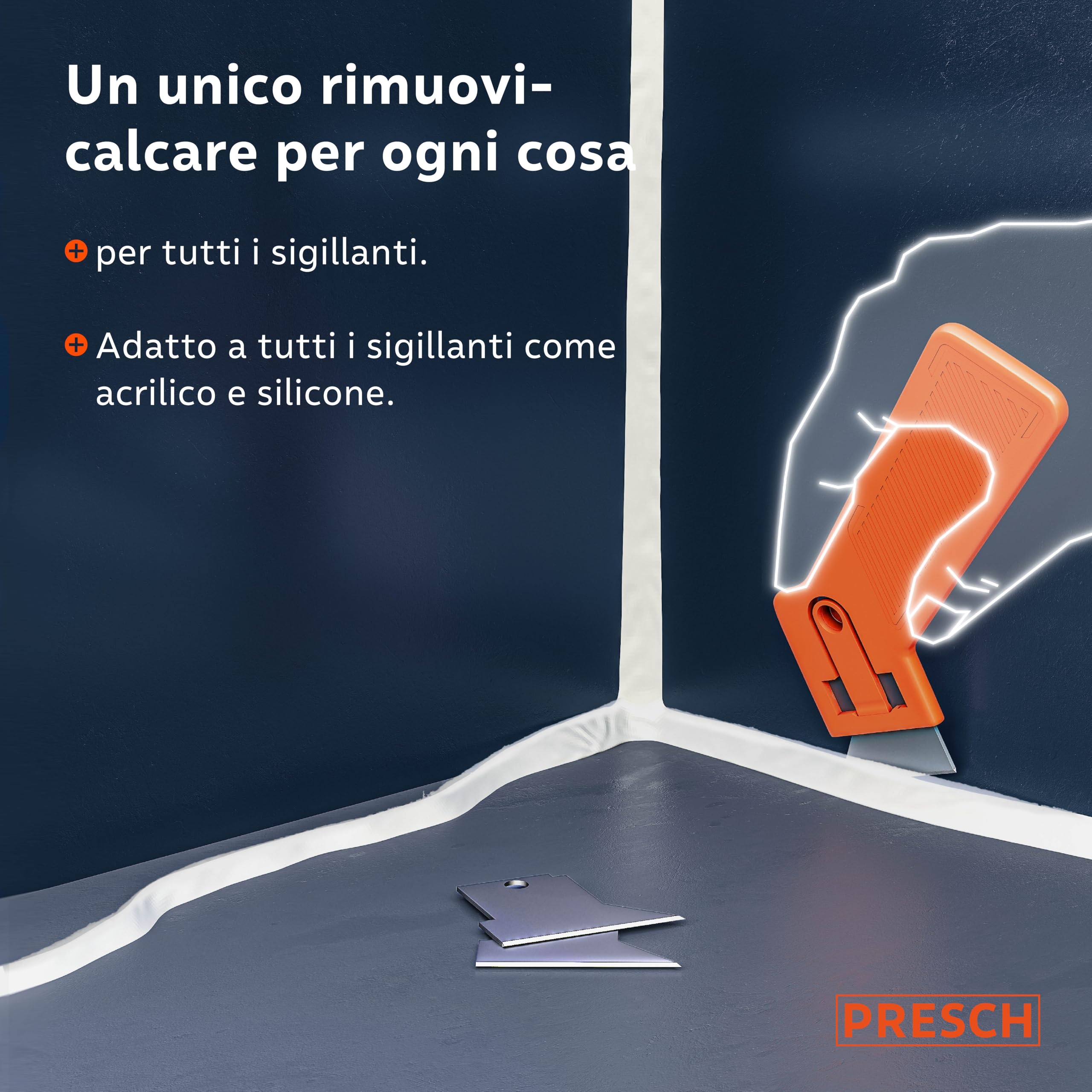 Presch Raschietto fughe incl. 3 lame - Per la rimozione precisa dei giunti grazie all'elevata nitidezza - Facile cambio delle lame - Raschietto silicone per sigillanti morbidi come acrilico e silicone