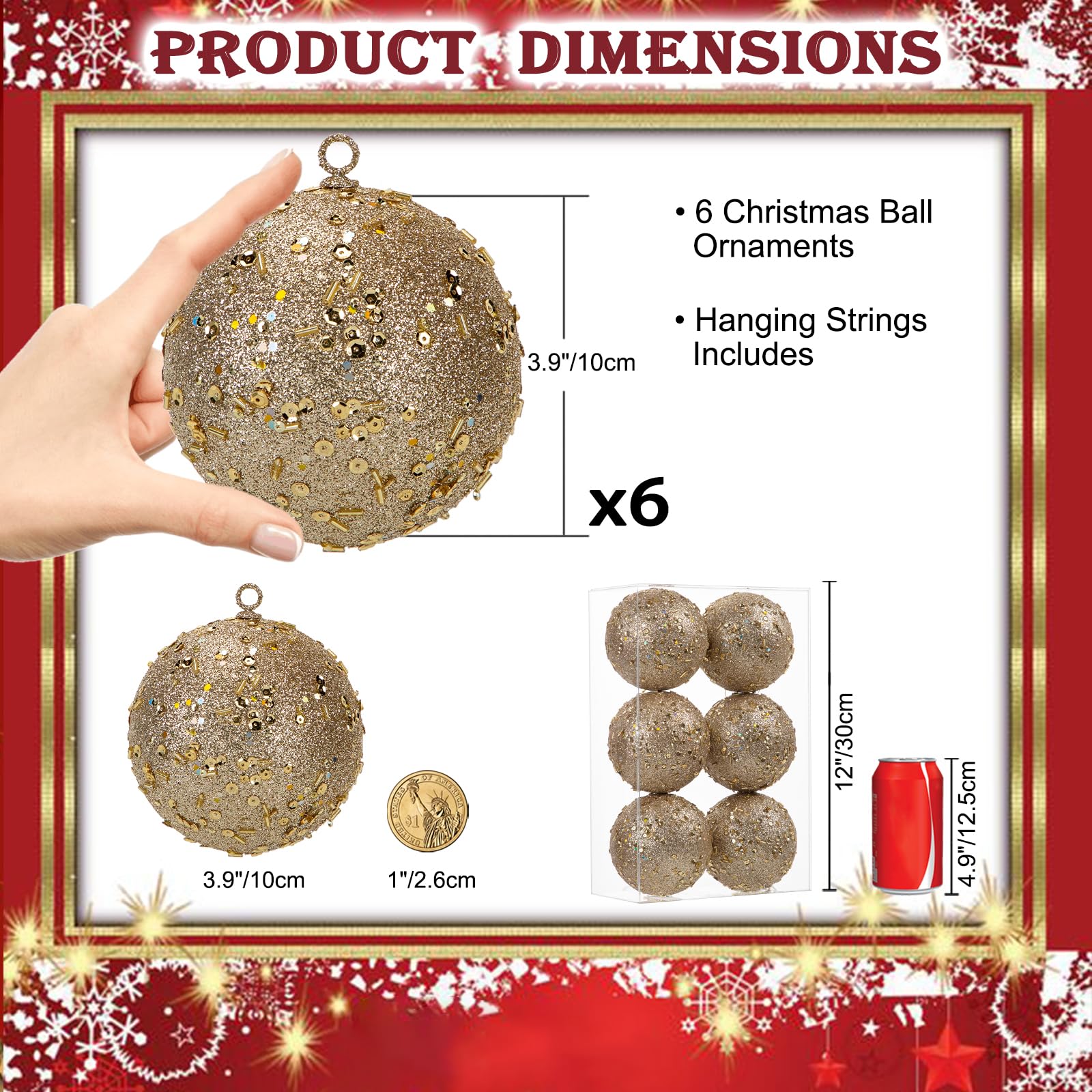 Palline Di Natale Grandi 10 Cm Infrangibili - Set 6 Pezzi Color Champagne, Con Motivo Diamanti E Specchi, Con Gancio
